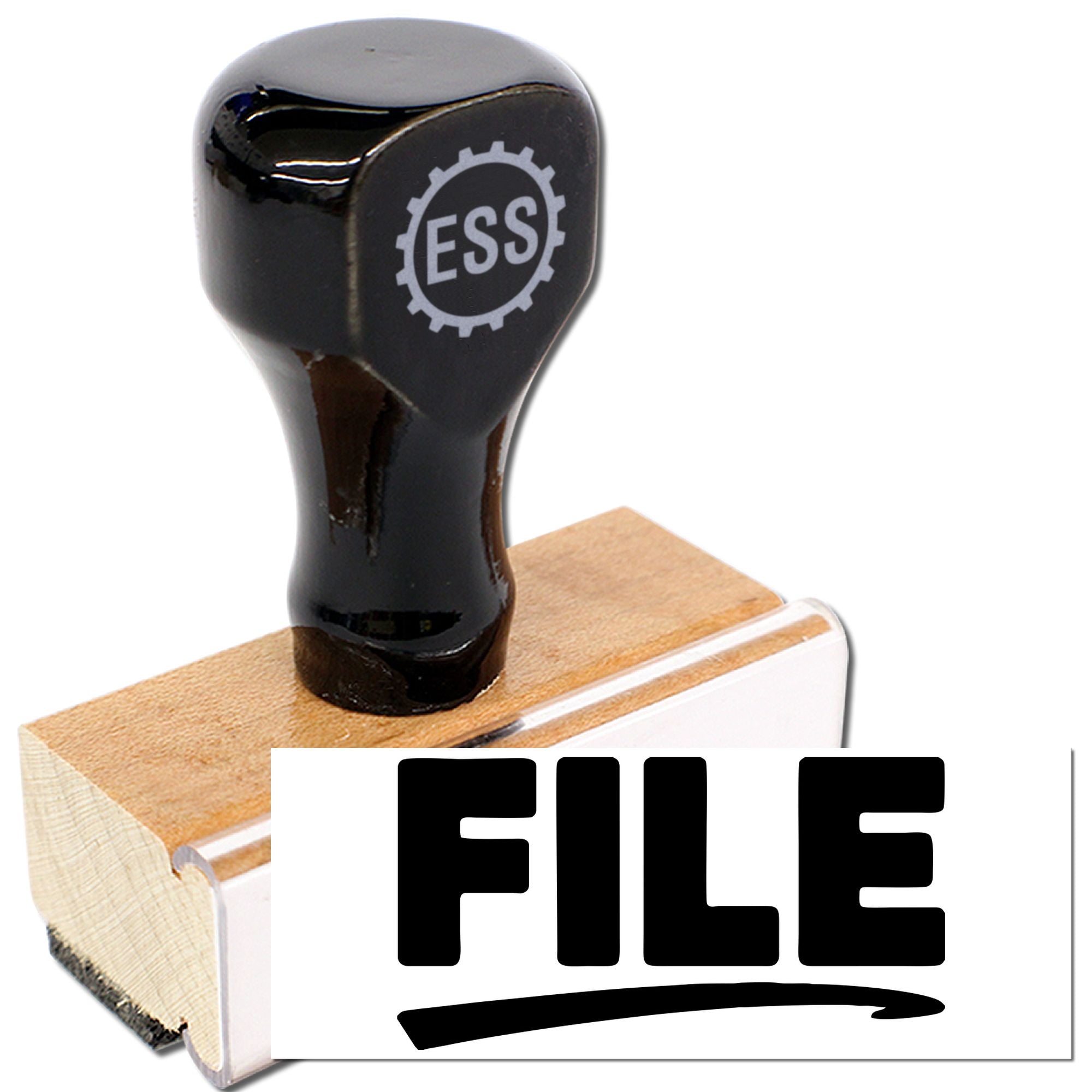 Black custom file stamp and seal with ESS logo, black body, wooden base, and FILE marking on a white background