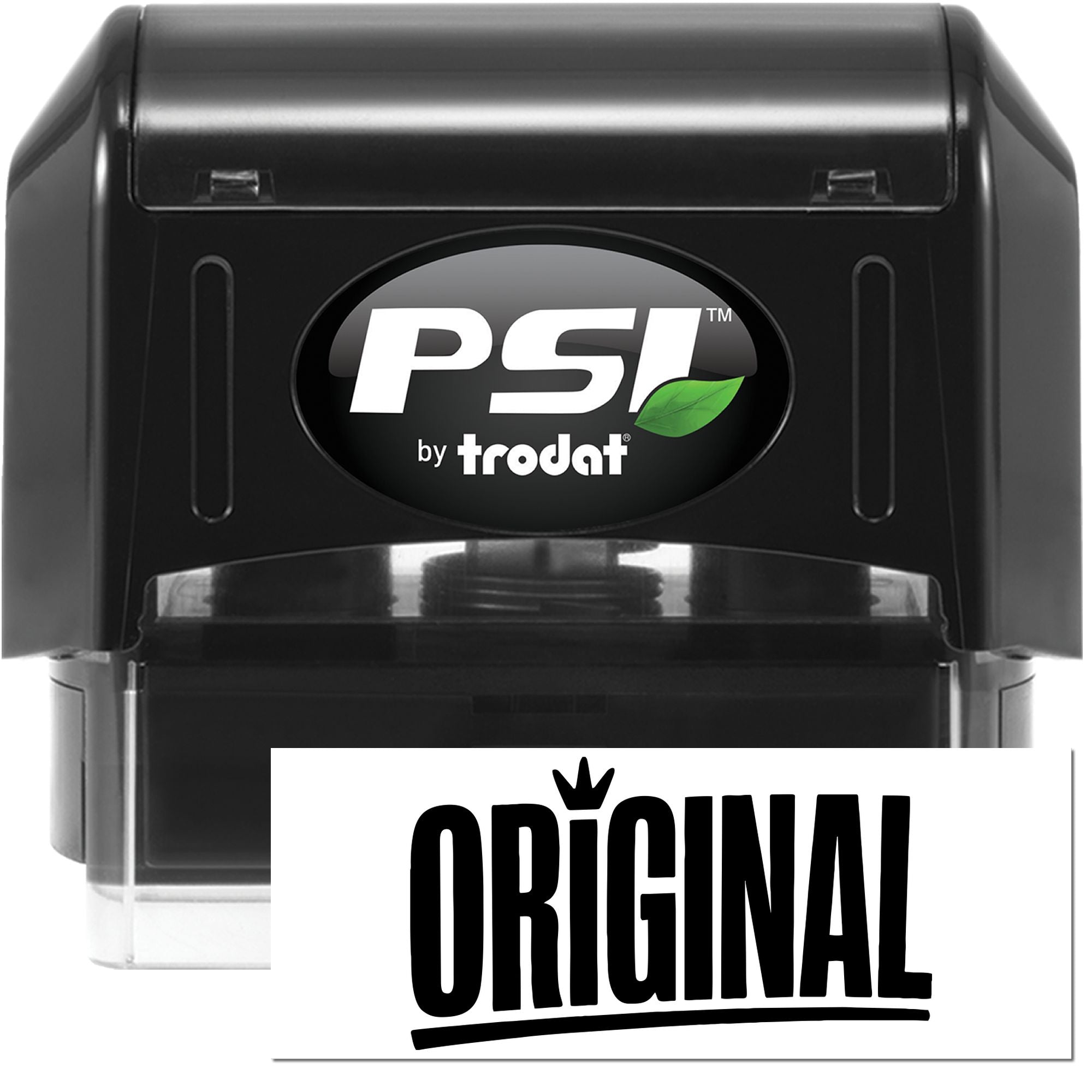 Black PSI by Trodat self-inking stamp and seal set with green leaf logo and Original branding on white background.