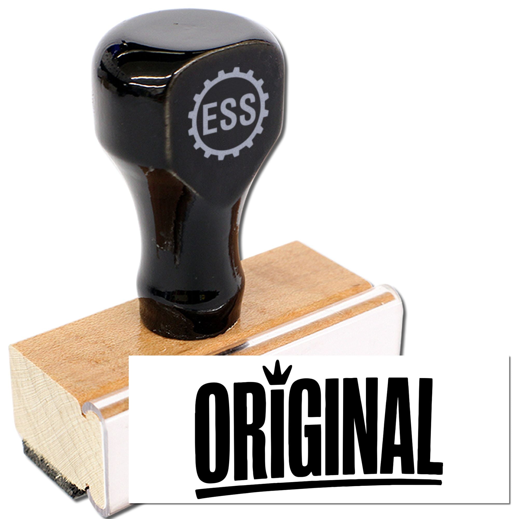 Black ESS stamp and seal with wooden base, showing Original logo on white background.