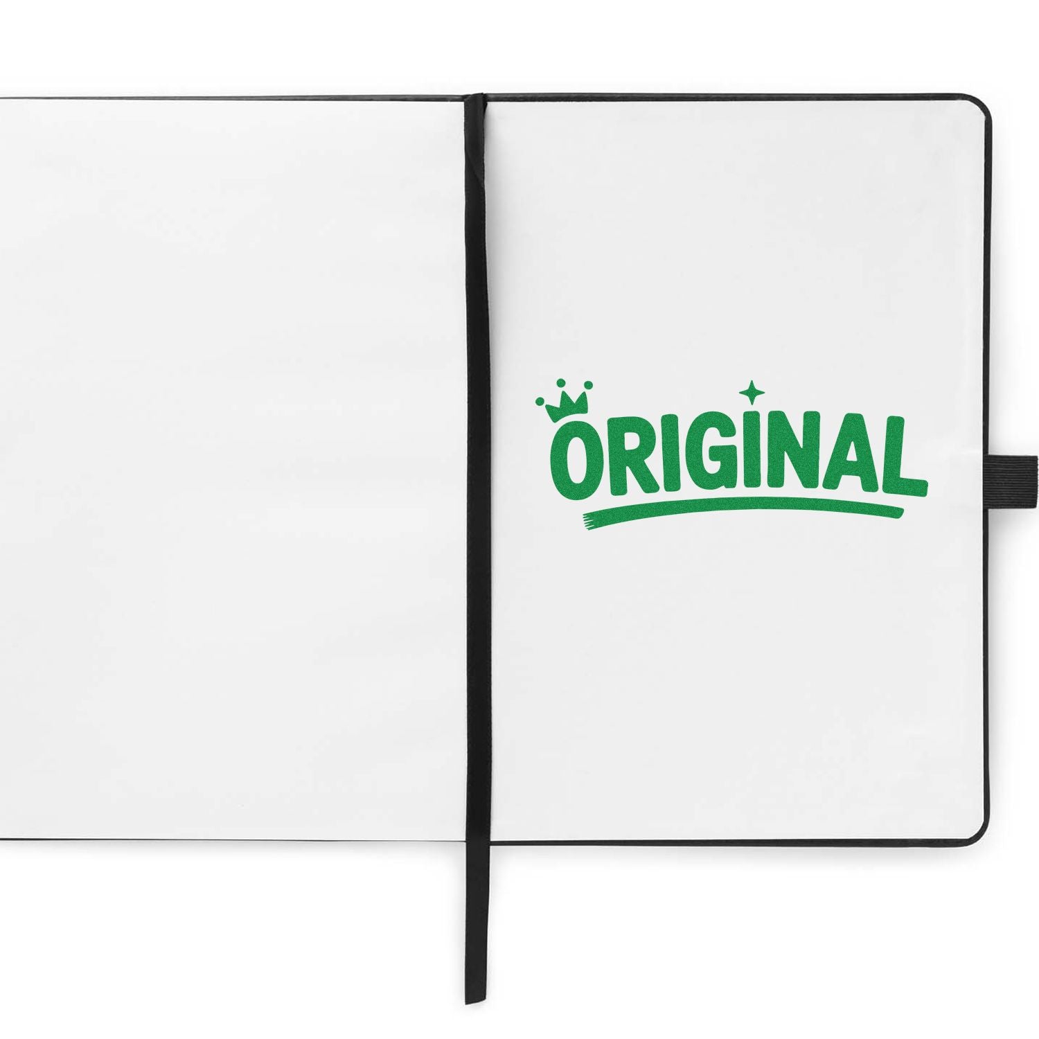 Open white notebook with black trim and a green ORIGINAL stamp seal on the right page