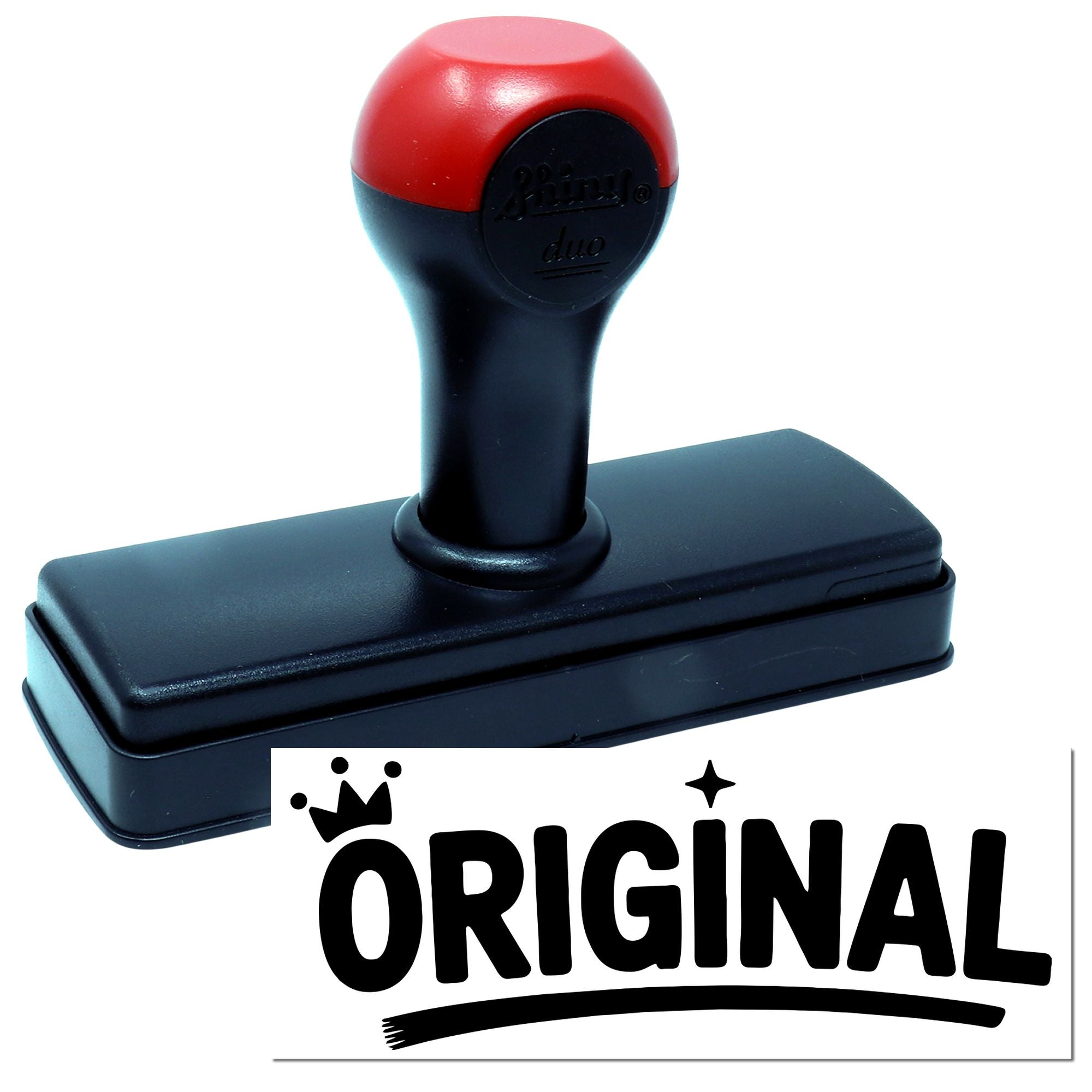 Red-and-black self-inking stamp with black base and ORIGINAL seal branding
