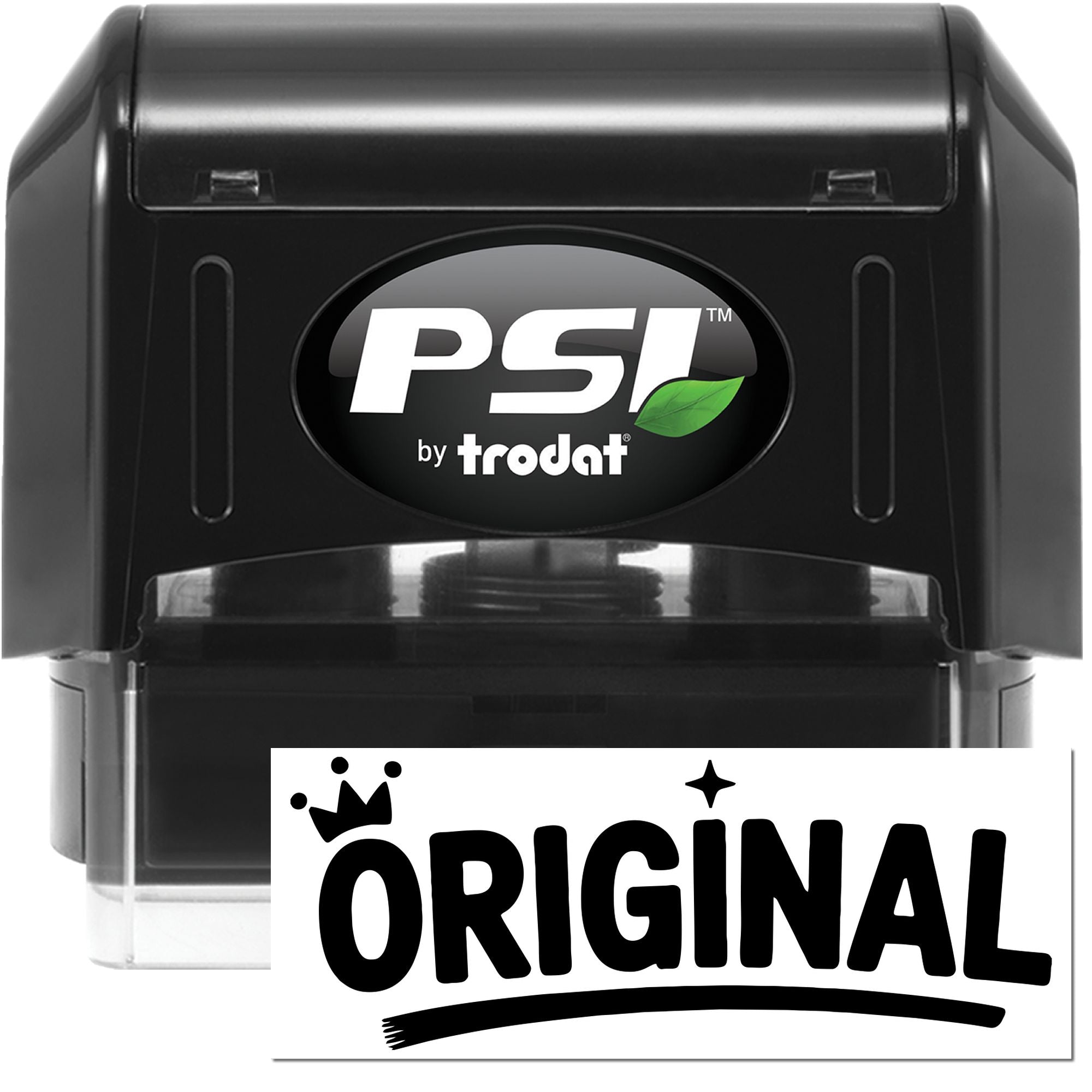 Black PSI by Trodat self-inking stamp with clear housing and white ORIGINAL seal label.