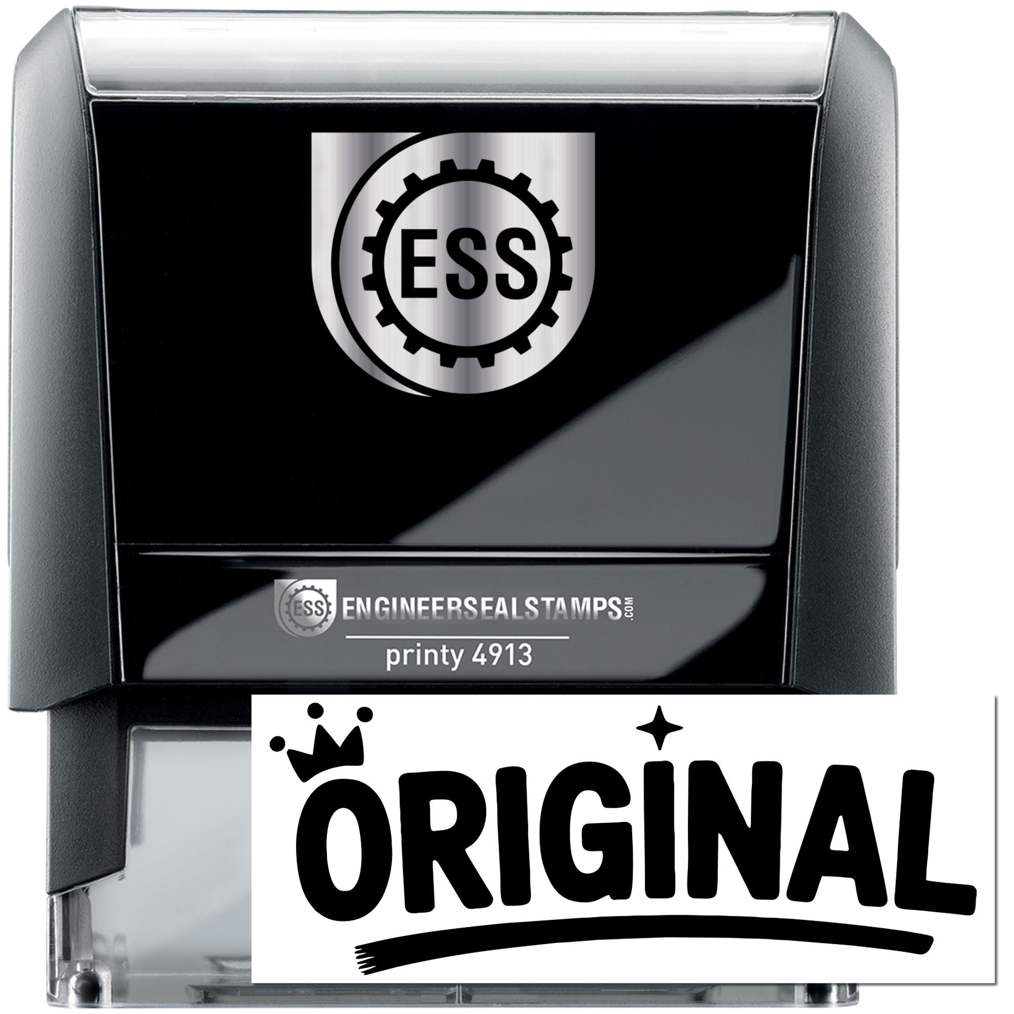 Black self-inking Engineer Seal stamp with silver trim, ESS gear logo, and ORIGINAL imprint on white label.
