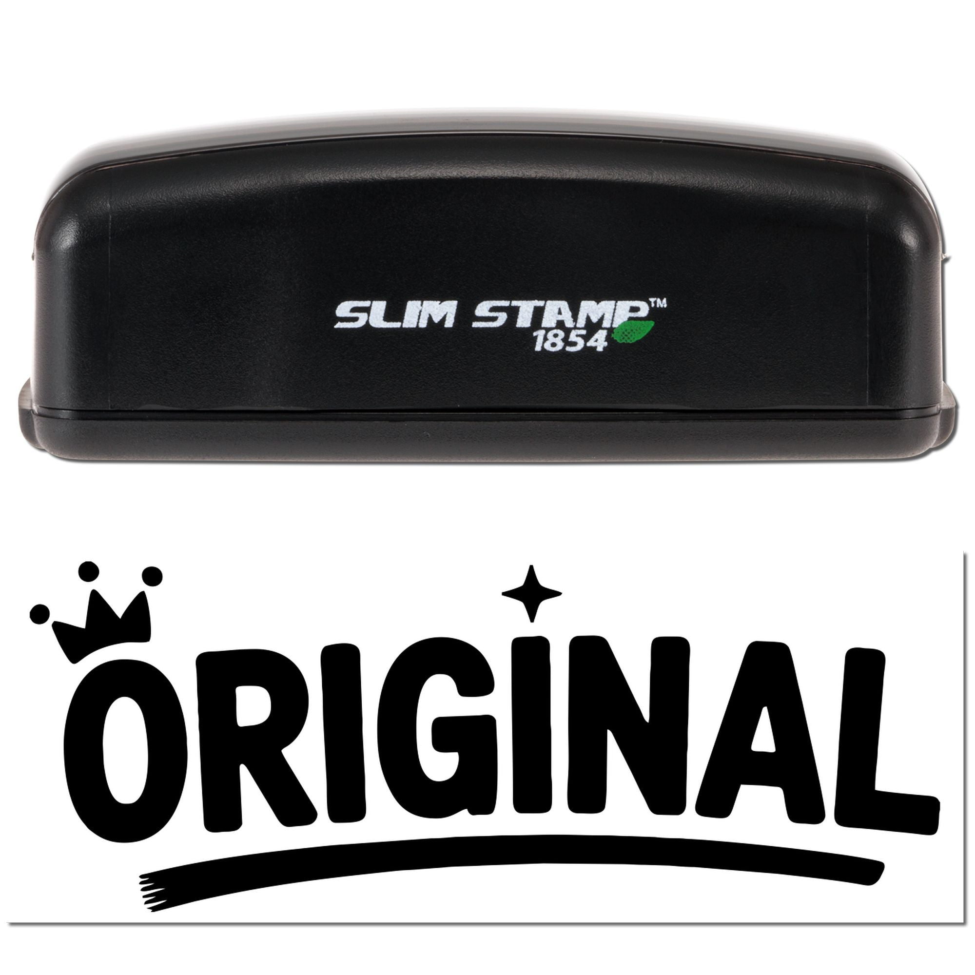 Black Slim Stamp 1854 self-inking stamp and ORIGINAL seal logo with crown and star on a white background