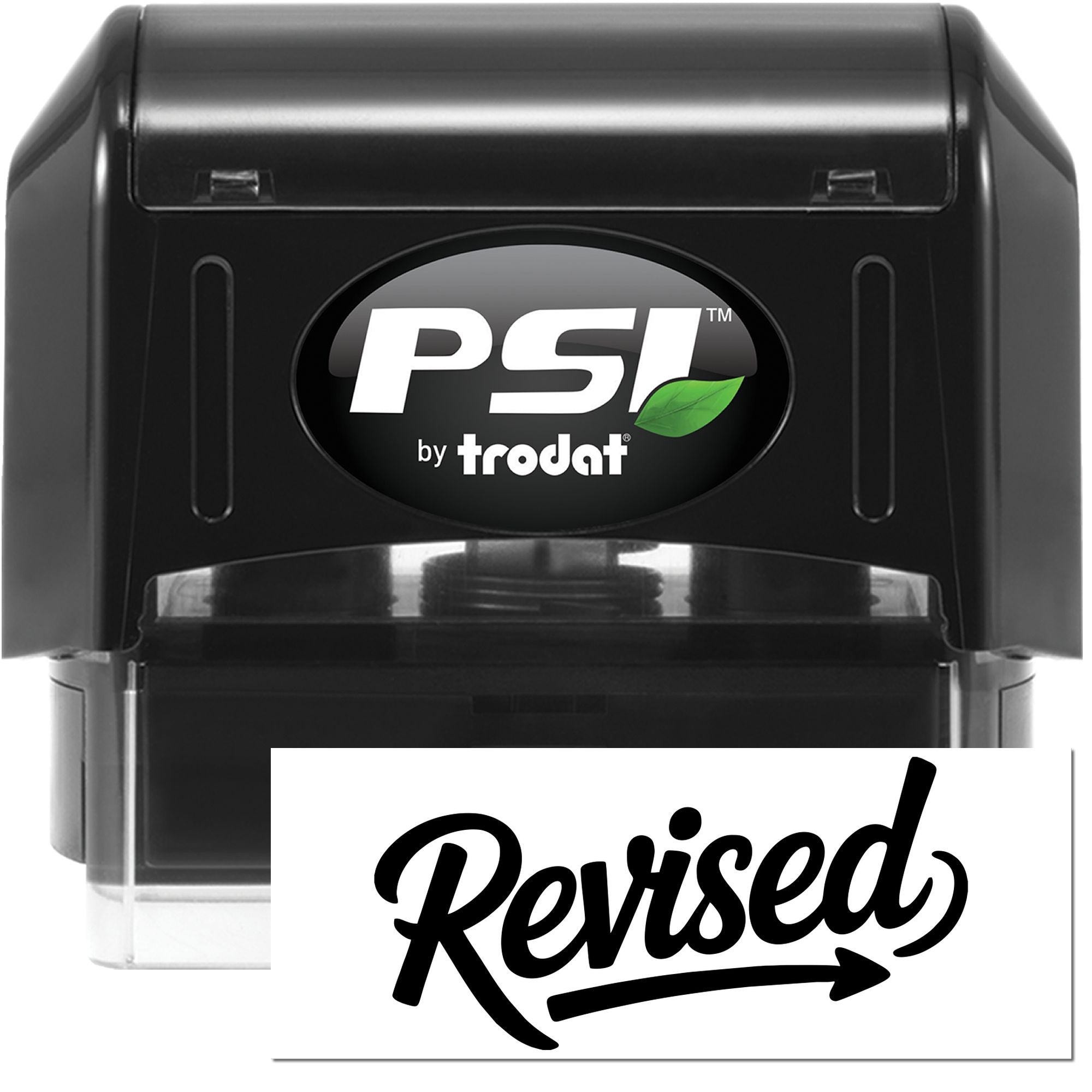 Black PSI by Trodat self-inking stamp and revised seal with green leaf logo on white background