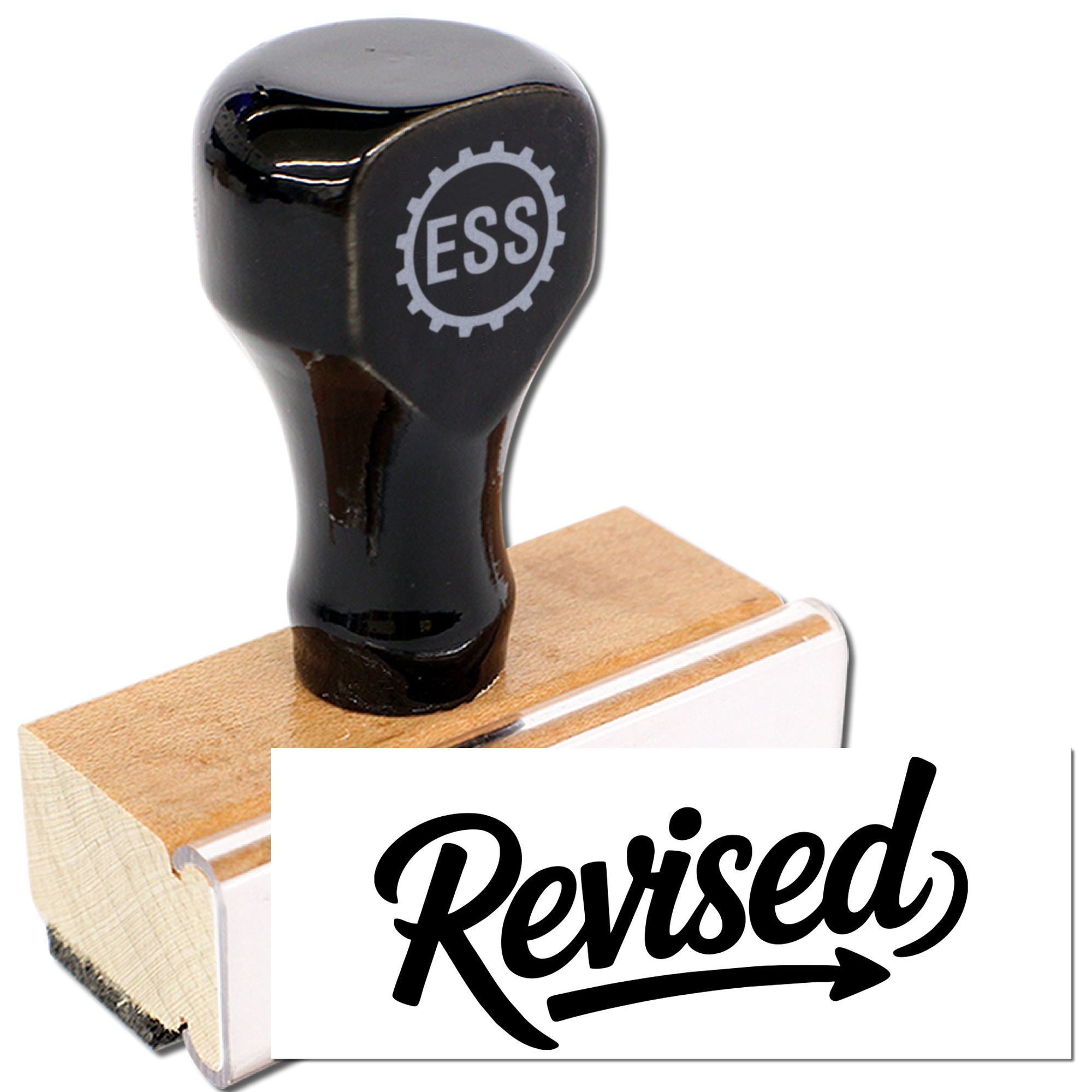 Black self-inking stamp and seal with ESS logo, wooden base, and bold Revised imprint on white paper.