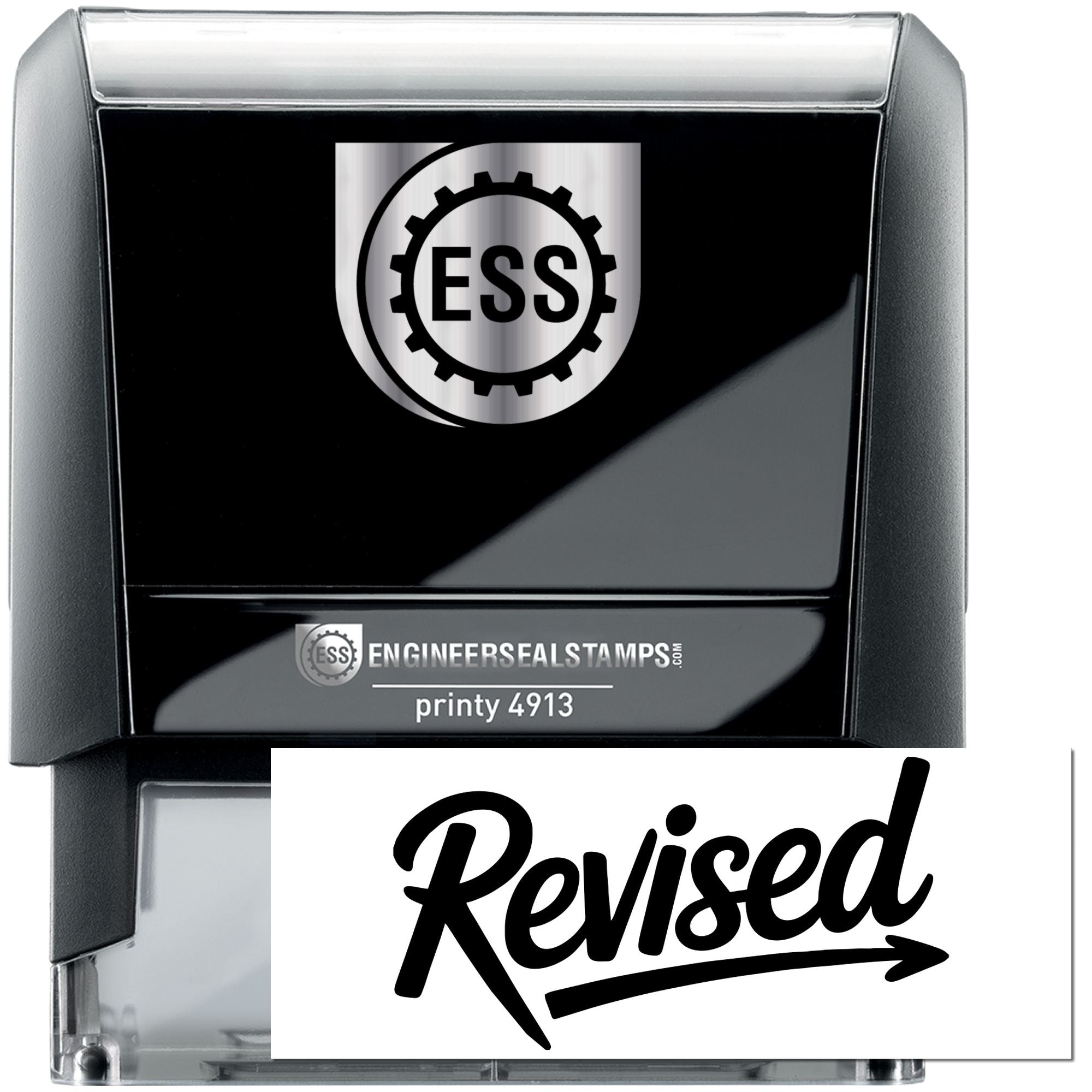 Black and silver EngineerSealStamps self-inking stamp with ESS logo, gear seal, and bold Revised imprint.