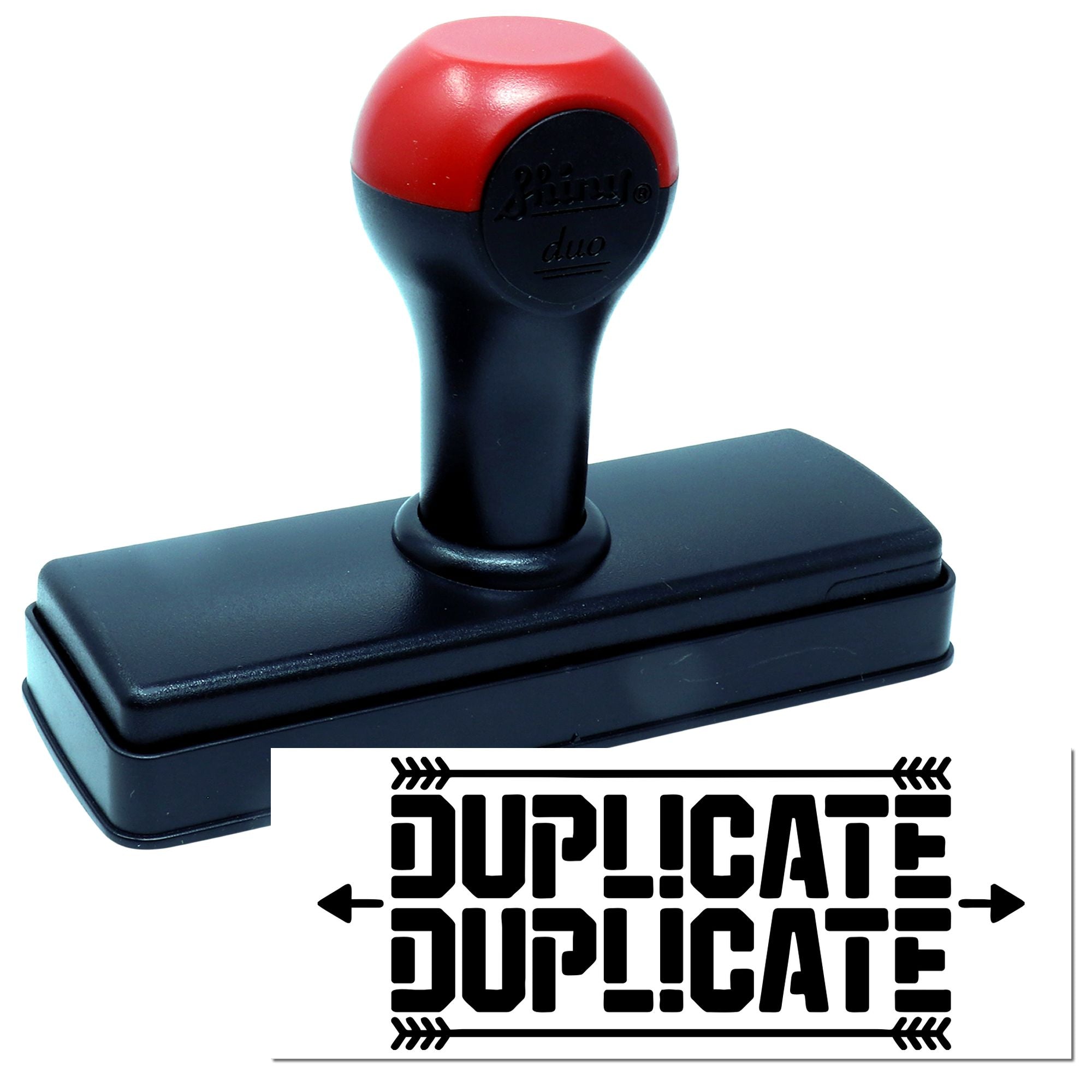 Red and black self-inking stamp with rectangular base and DUPLICATE seal graphic on white background.
