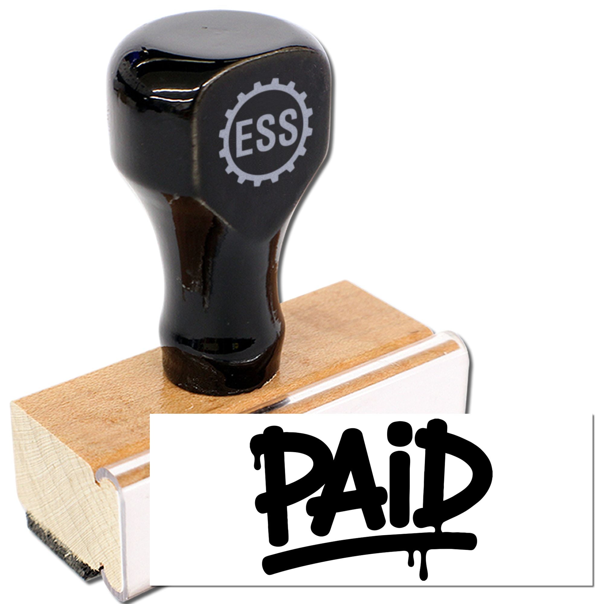 Black ESSL PAID stamp with wooden base and white acrylic block, showing bold PAID imprint.