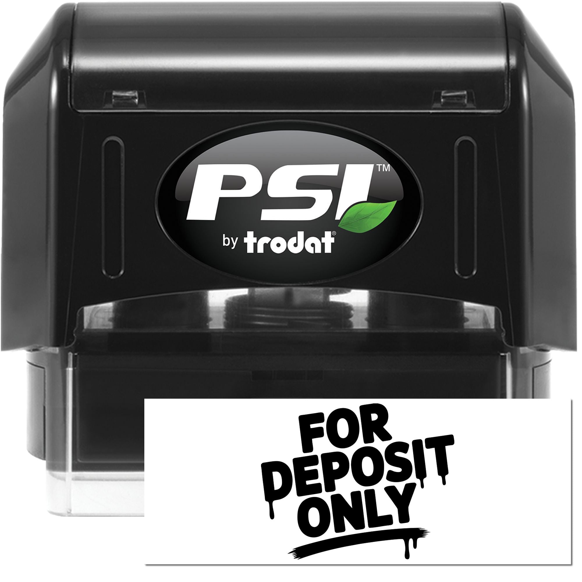 Black PSI by trodat self-inking stamp and deposit seal with green leaf logo and white FOR DEPOSIT ONLY text.