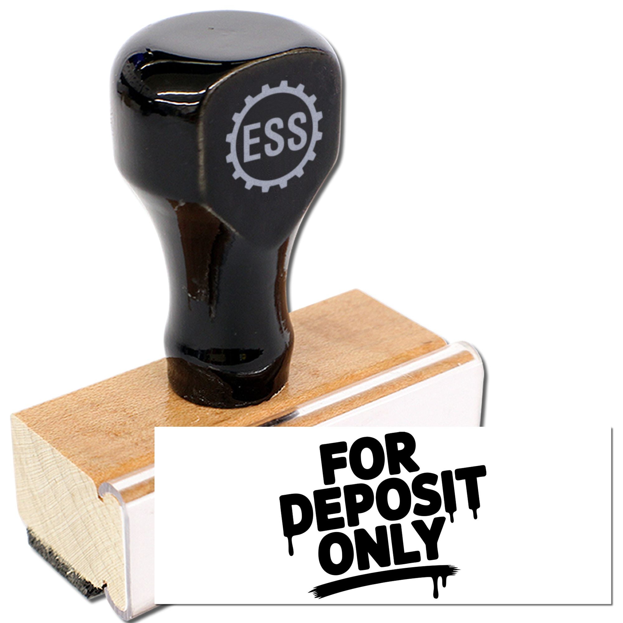 Black ESS rubber stamp with wooden base and clear acrylic mount, showing FOR DEPOSIT ONLY in bold black on white.