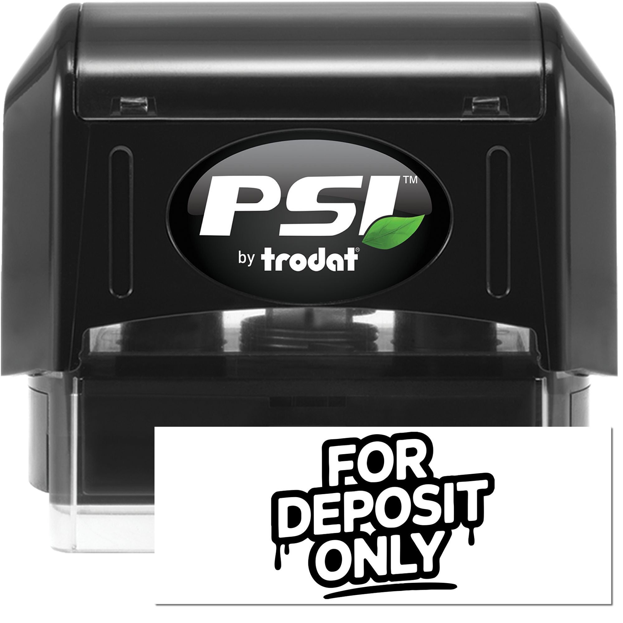 Black PSI by Trodat self-inking stamp and seal, black casing with bold white For Deposit Only imprint.