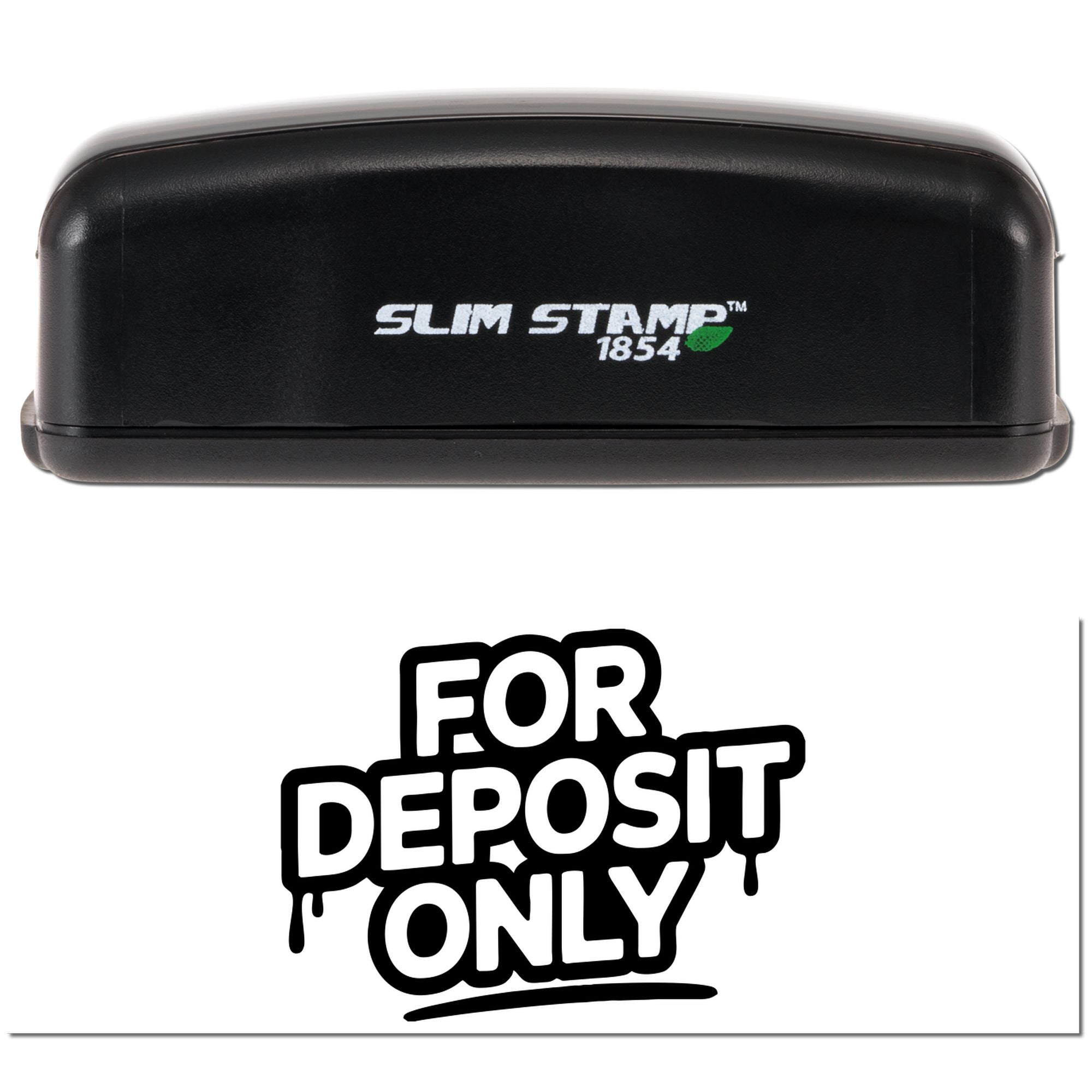 Black Slim Stamp 1854 self-inking stamp and bank seal with bold For Deposit Only text on white.
