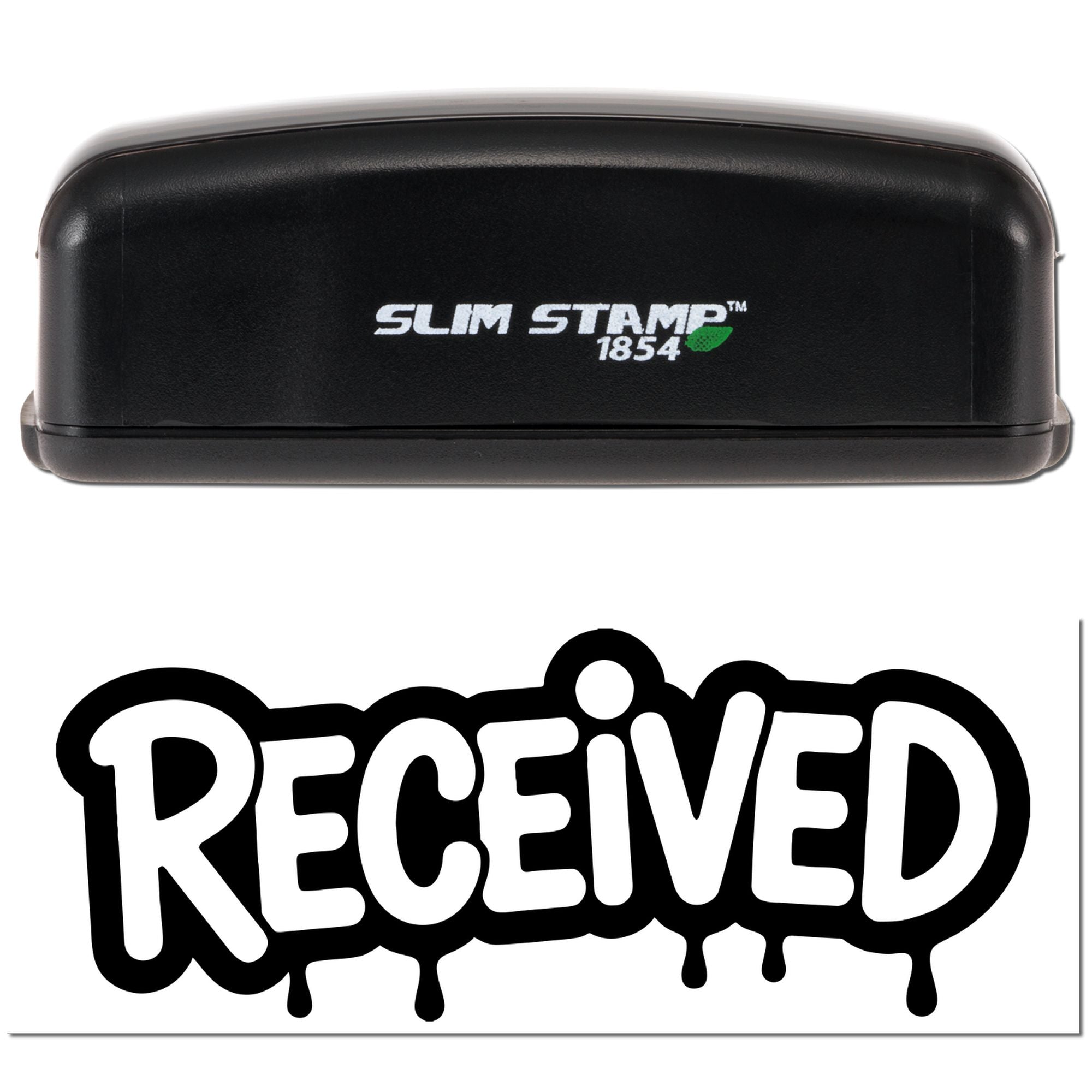 Black Slim Stamp 1854 self-inking stamp and bold black-and-white RECEIVED seal