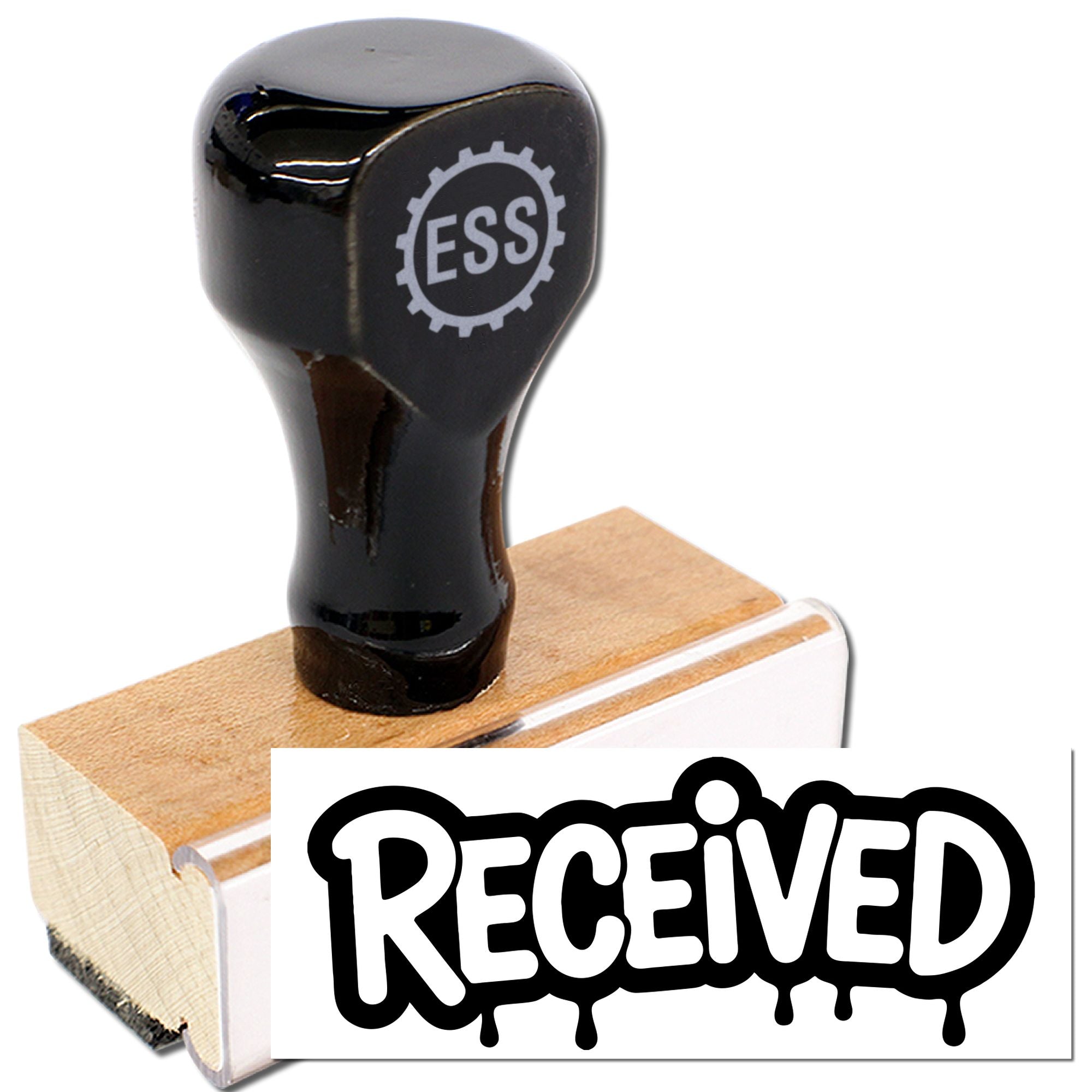 Black stamp and seal with ESS logo on wooden base, showing bold RECEIVED imprint in black and white.