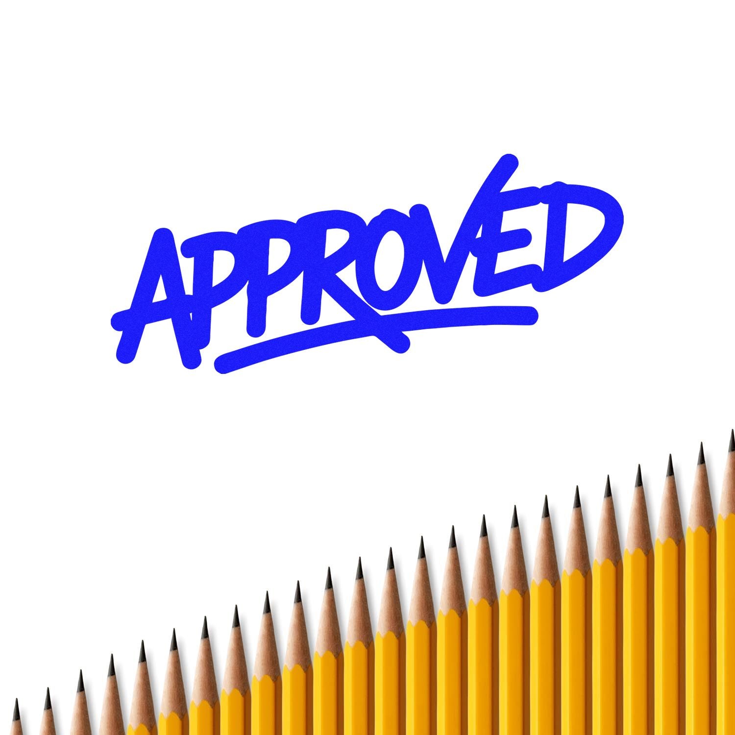 Blue APPROVED stamp and seal graphic over white, with yellow pencils lined along the bottom.