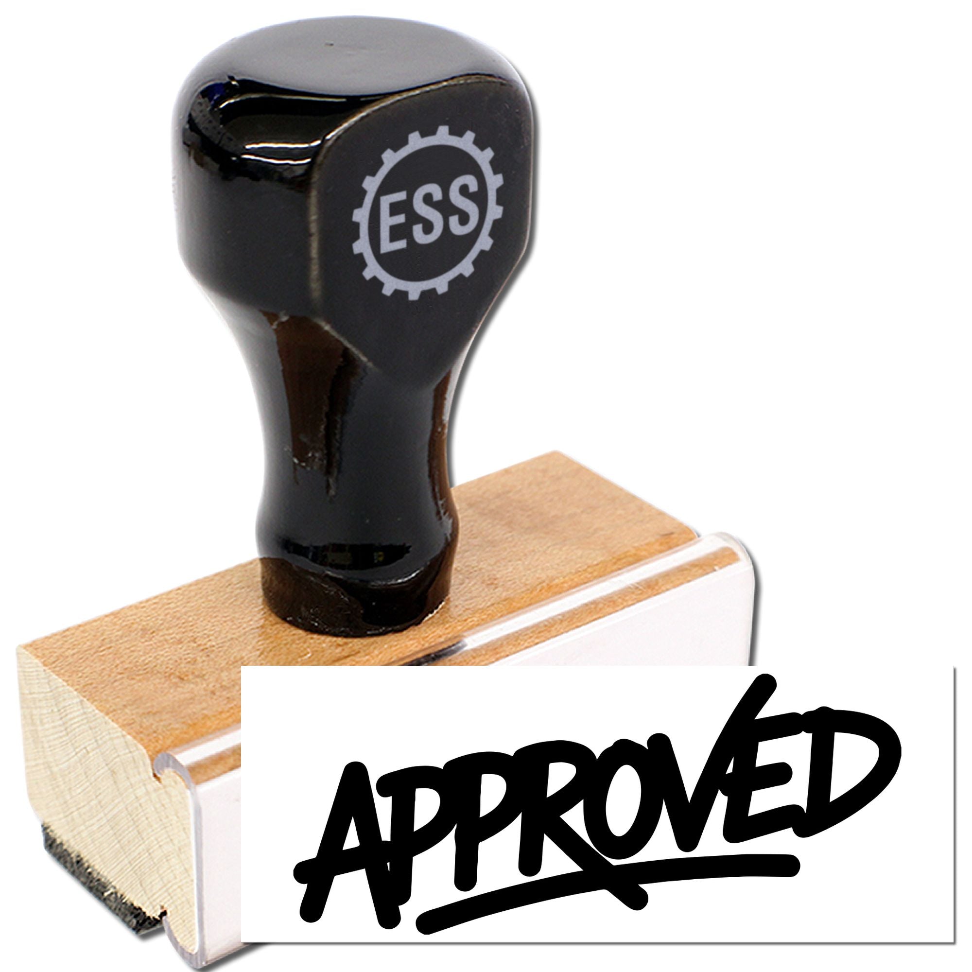 Black self-inking stamp and seal with ESS logo on wooden base, showing bold Approved imprint on white card