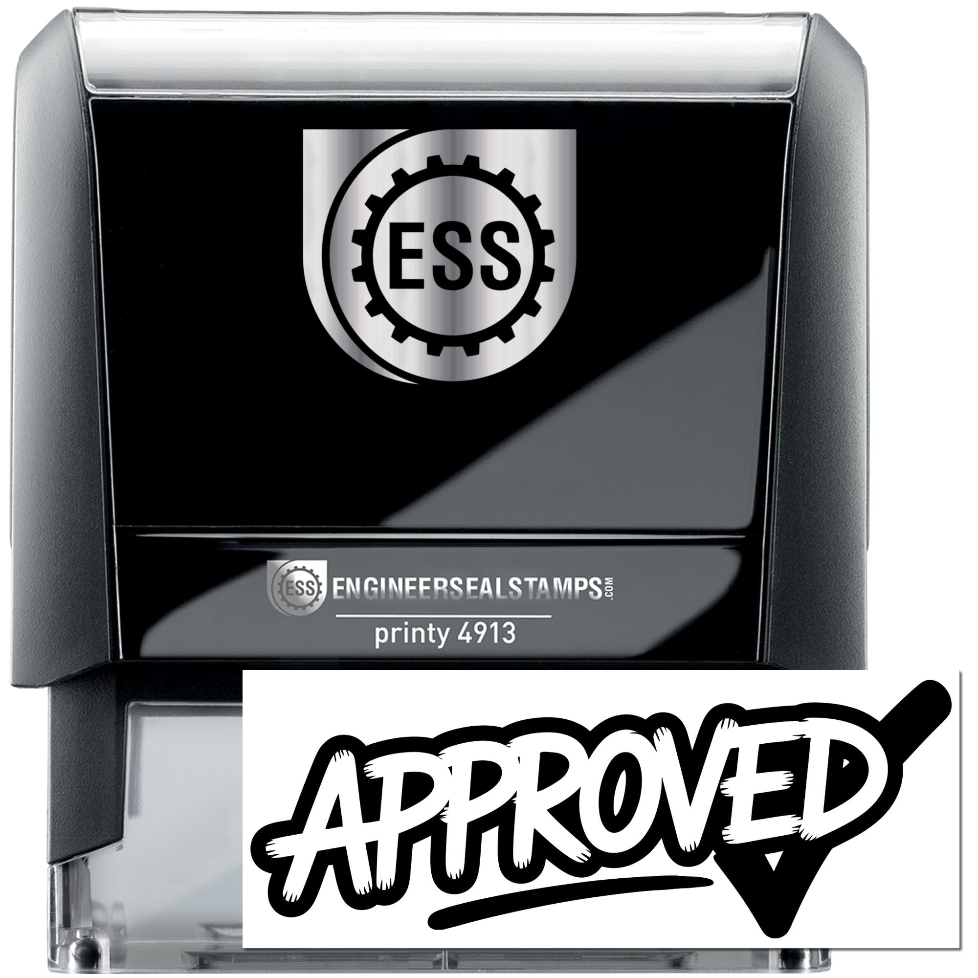 Black self-inking engineer seal stamp with silver top, ESS logo, and APPROVED imprint