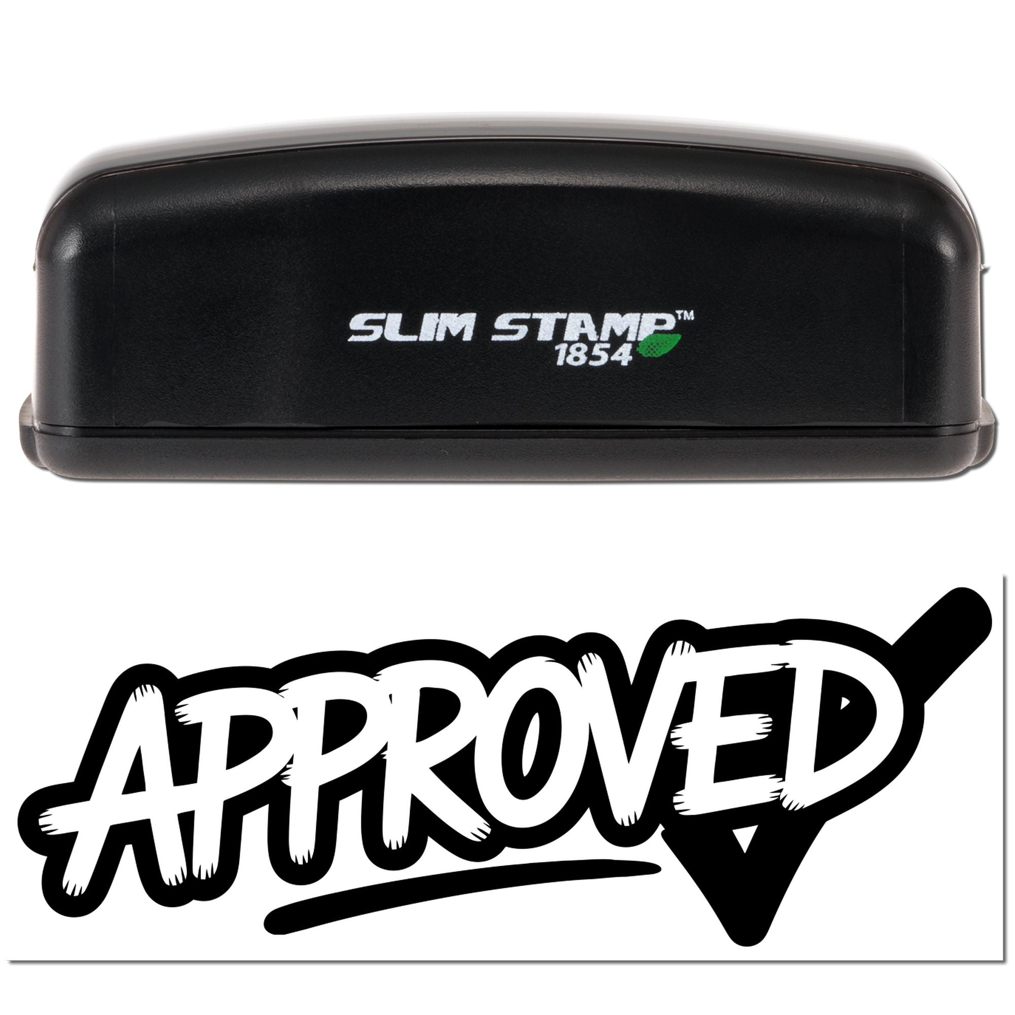 Black Slim Stamp 1854 self-inking stamp with green leaf logo above a bold black-and-white Approved seal.