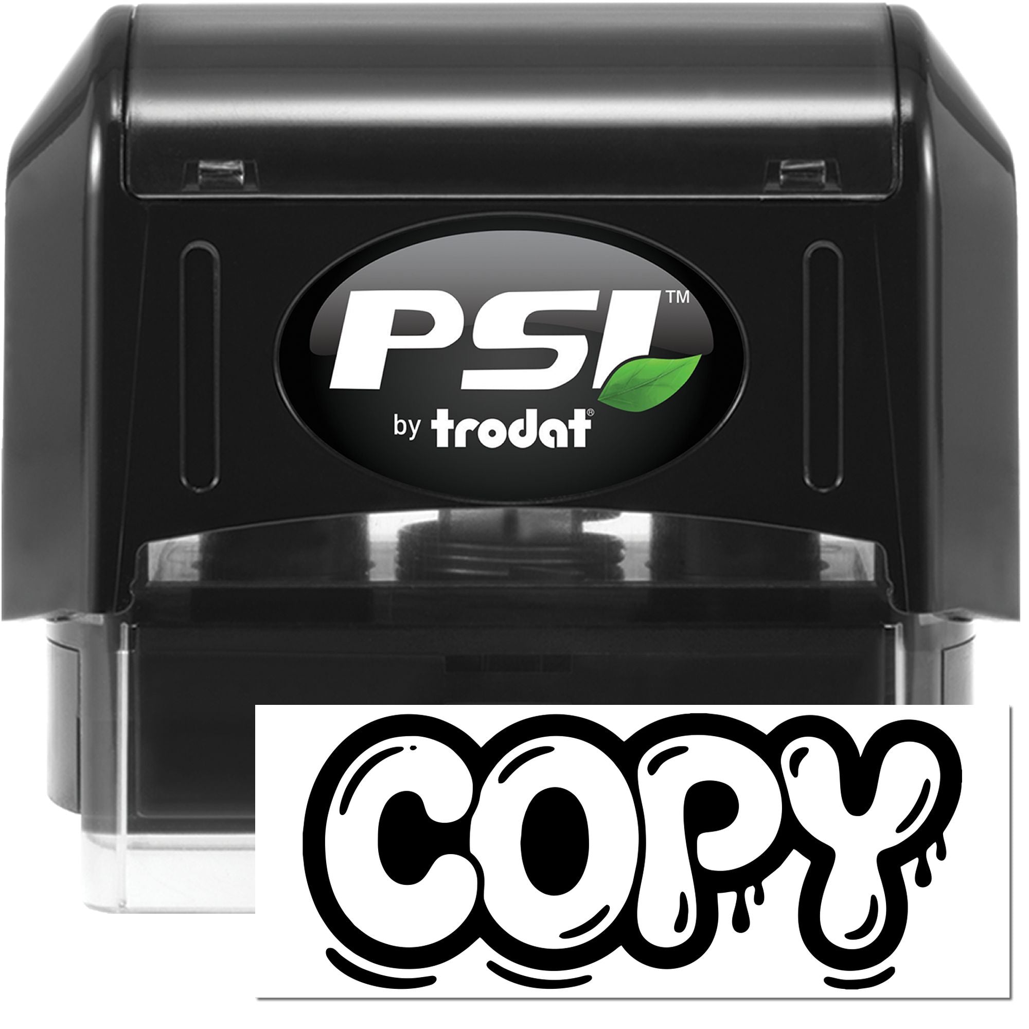 Black PSI by Trodat self-inking stamp, black with green leaf logo, above a bold black-and-white copy seal.