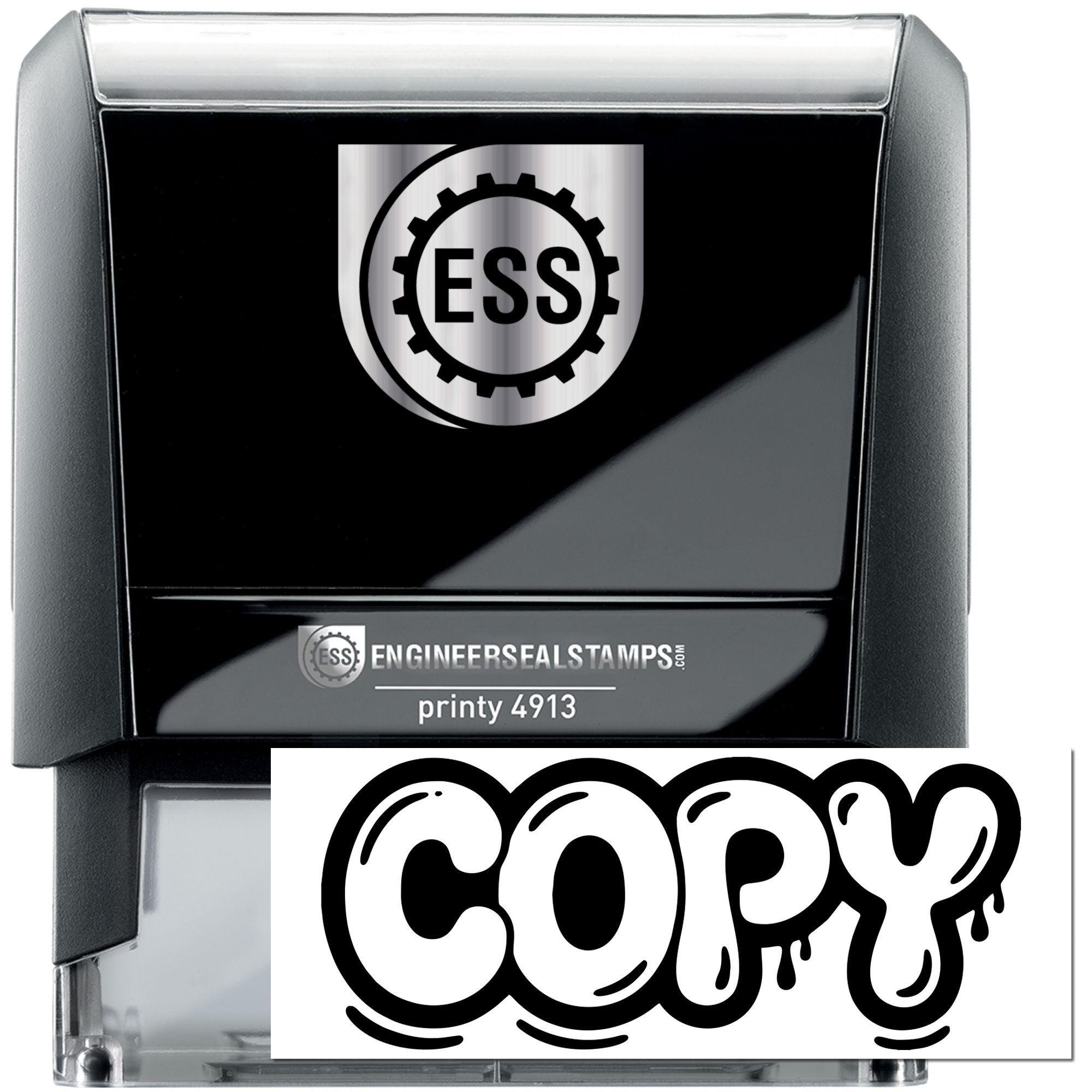 Black self-inking engineer seal stamp with silver top, ESS logo, and bold COPY imprint.