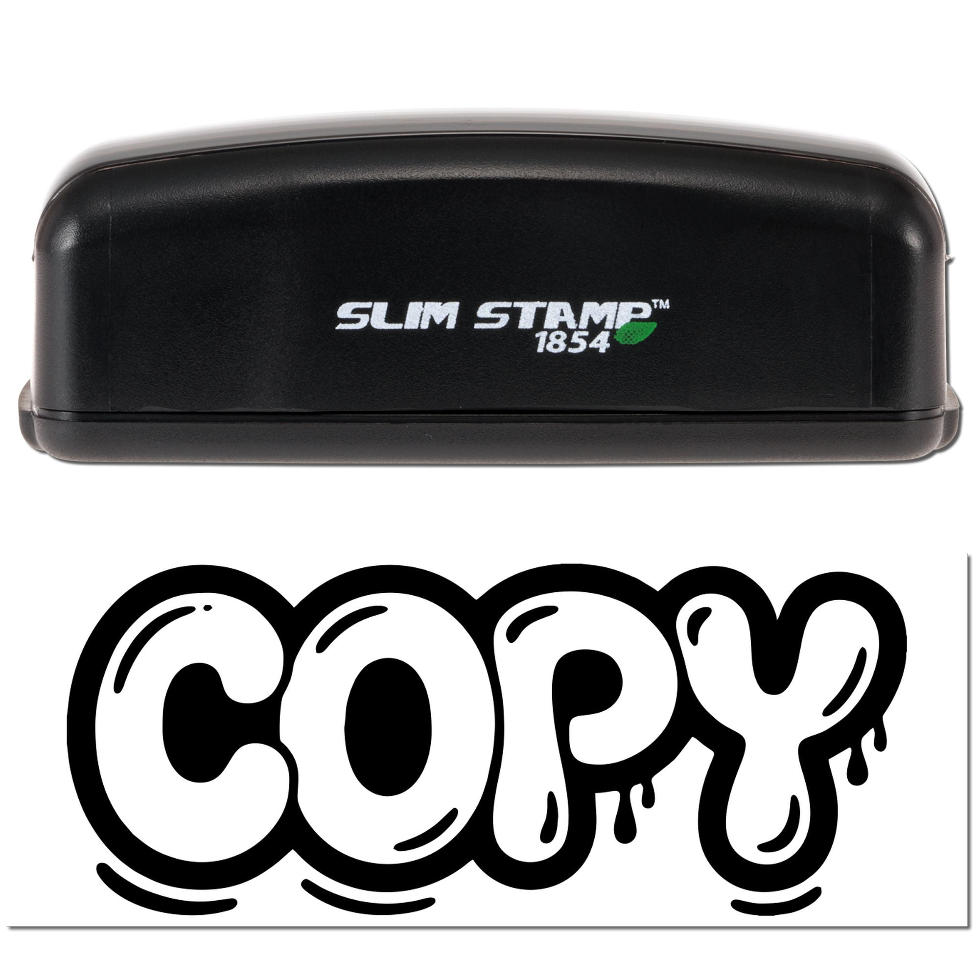 Black Slim Stamp 1854 stamp and seal device with green leaf logo and bold black COPY imprint.