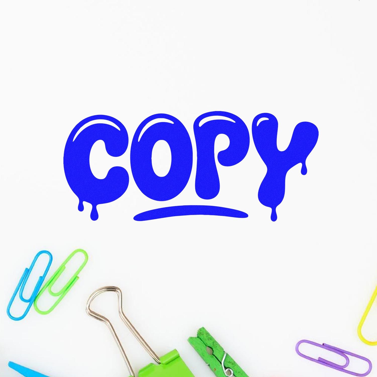 Blue dripping COPY stamp graphic with colorful paper clips and binder clips on a white background