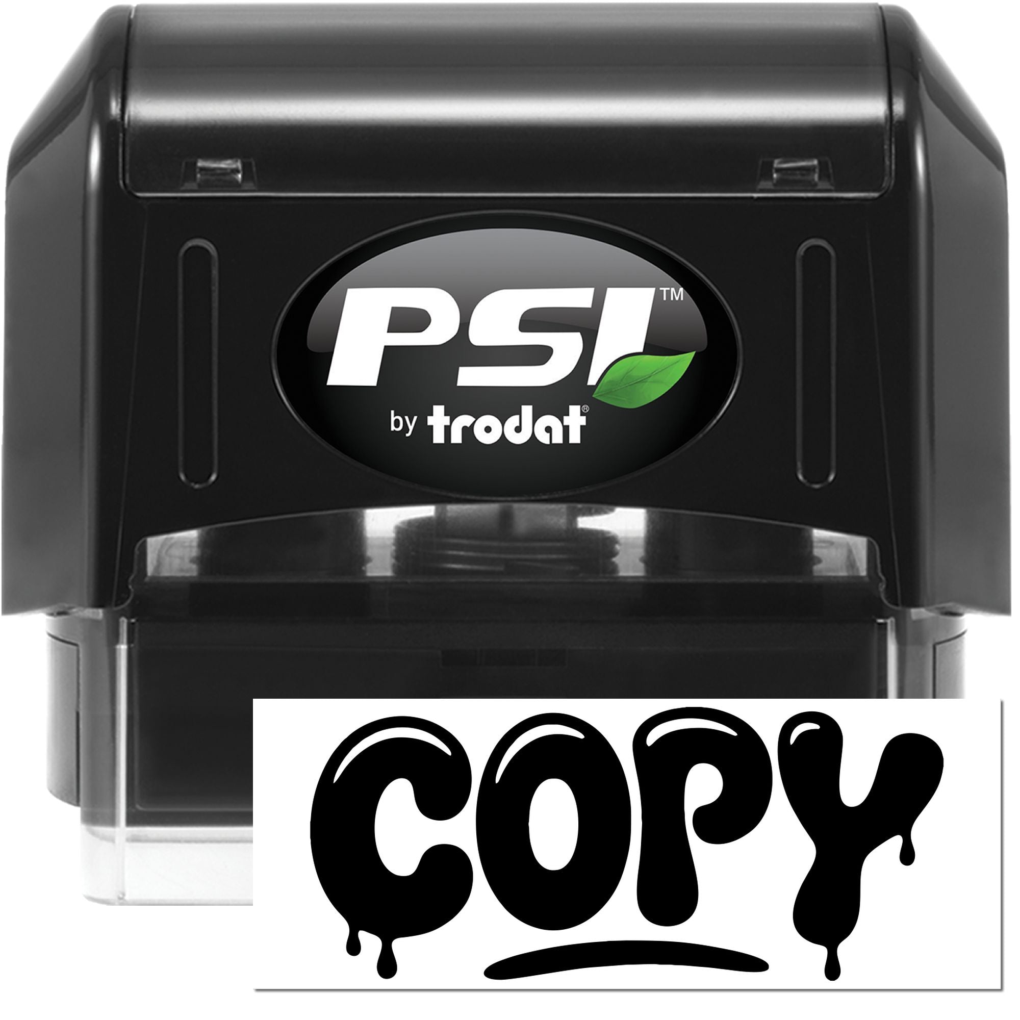 Black self-inking PSI by Trodat stamp with green leaf logo and bold COPY seal imprint on white background