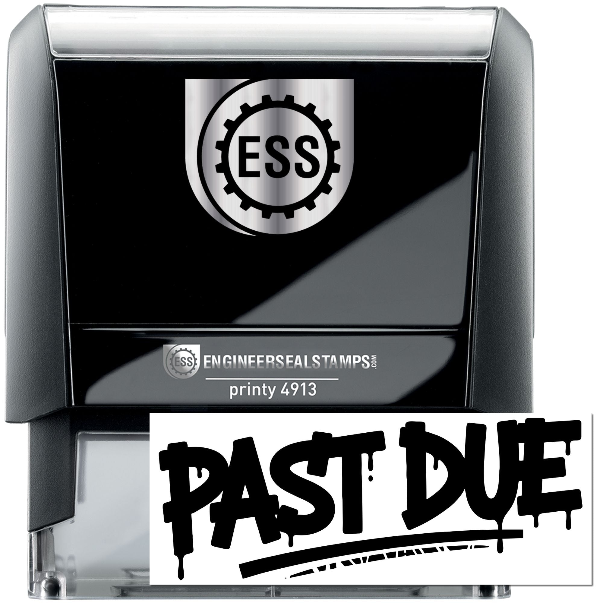 Black self-inking engineer seal stamp with silver ESS logo and bold PAST DUE imprint on clear-cased stamp set