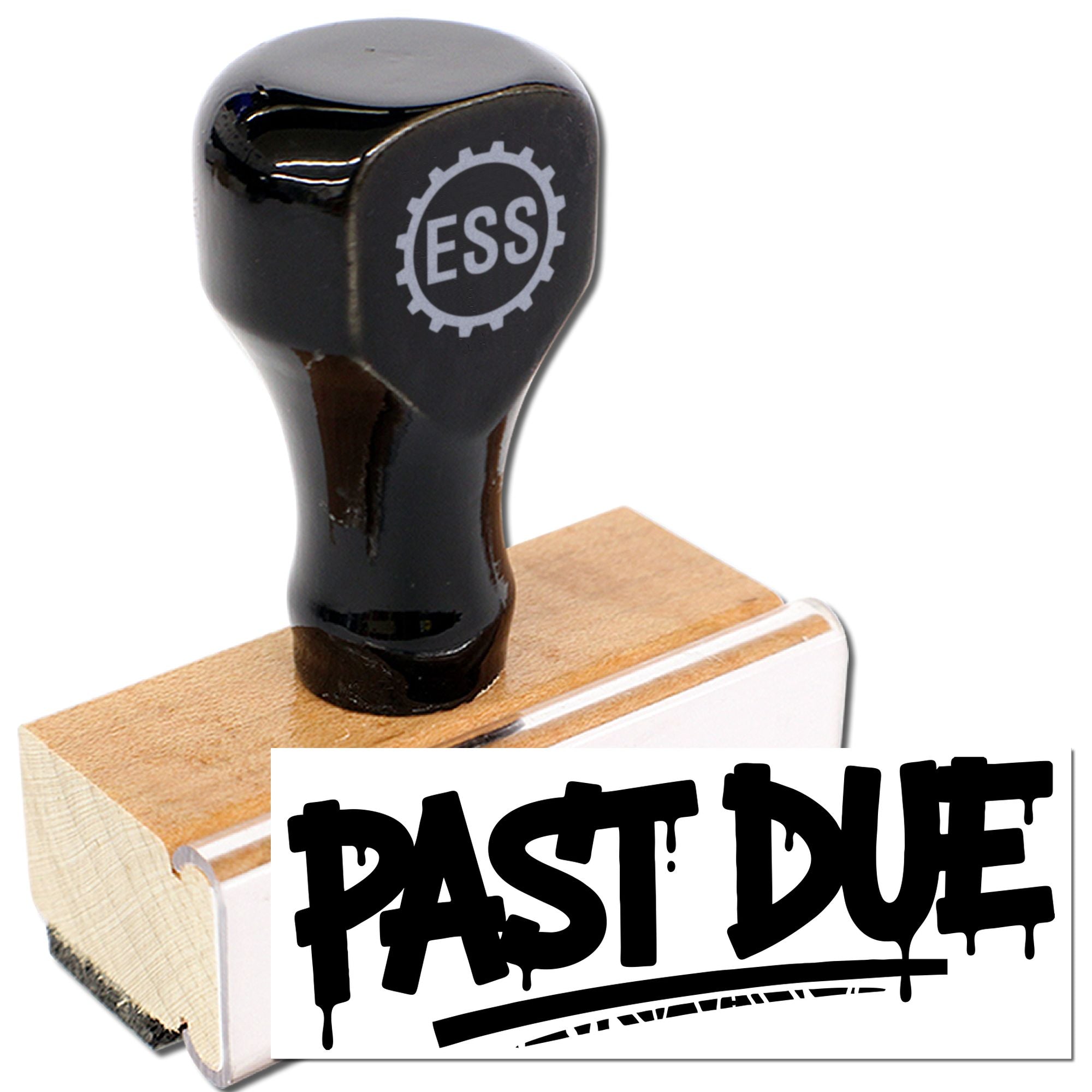Black stamp and seal with ESS logo, imprinting bold PAST DUE text on a wooden block.