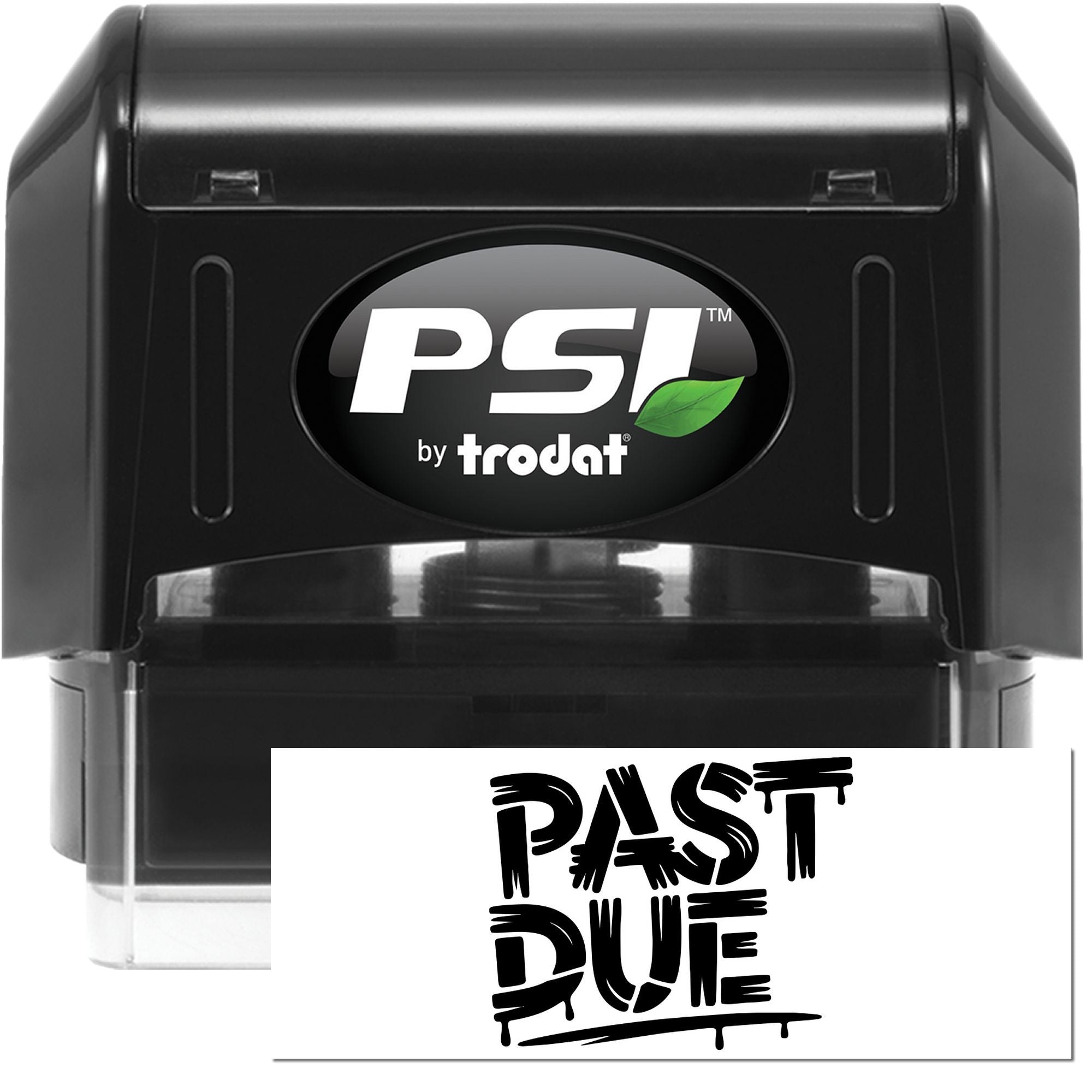 Black PSI by Trodat self-inking stamp and seal with bold PAST DUE imprint on white paper.