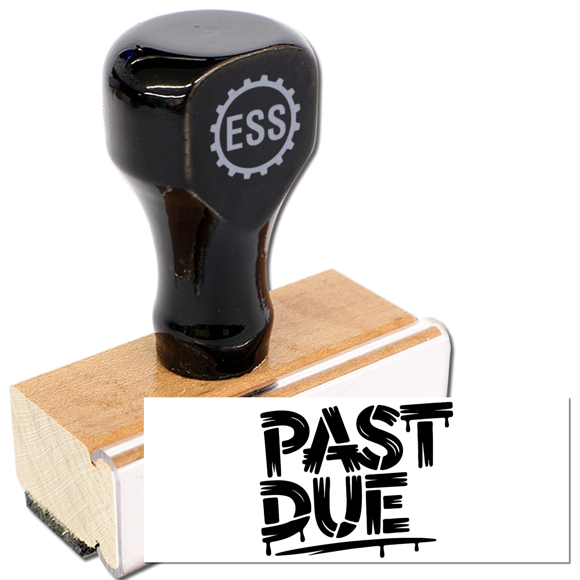 Black ESS rubber stamp on wooden base with bold black PAST DUE seal impression.