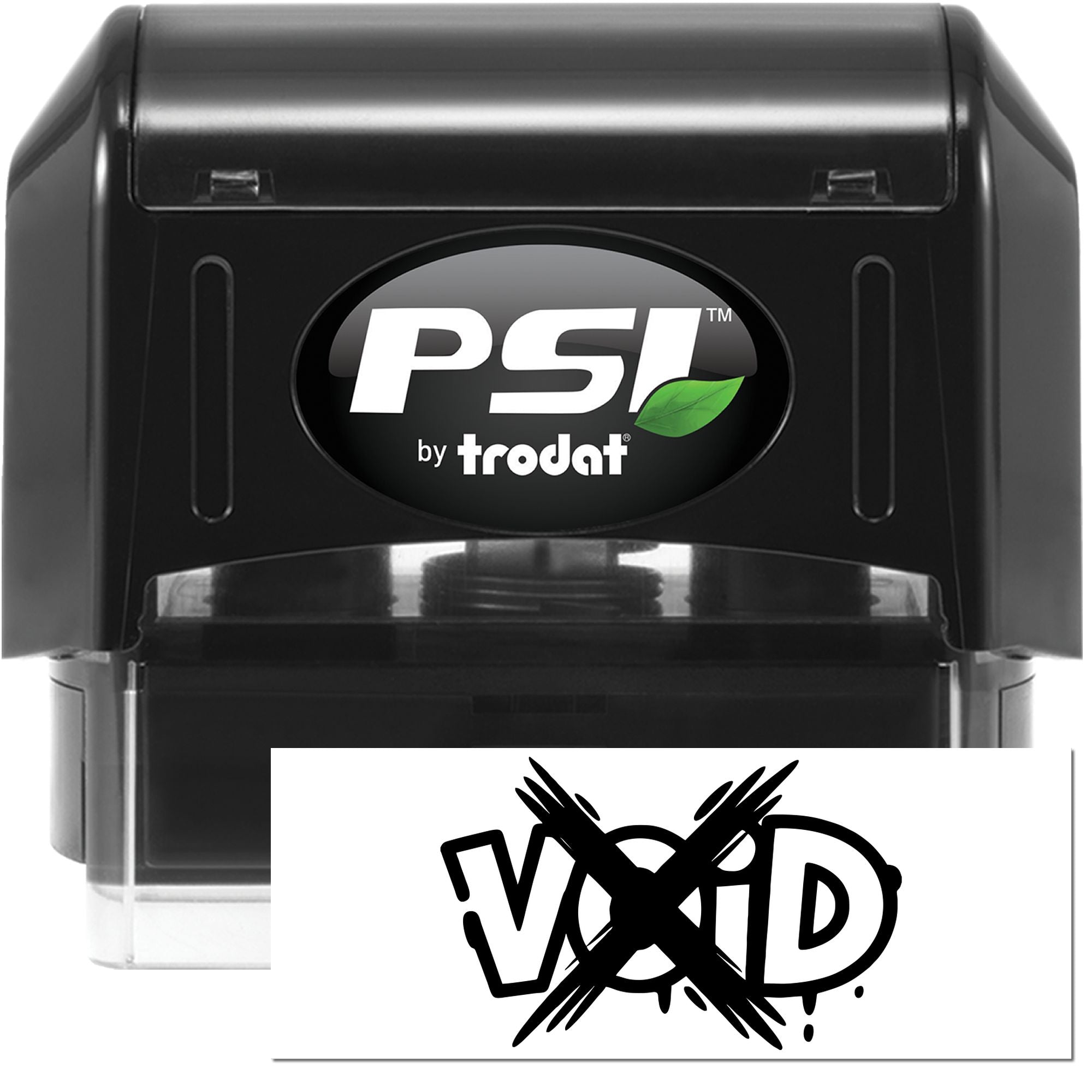Black PSI by Trodat self-inking stamp with white VOID security seal card and green leaf logo