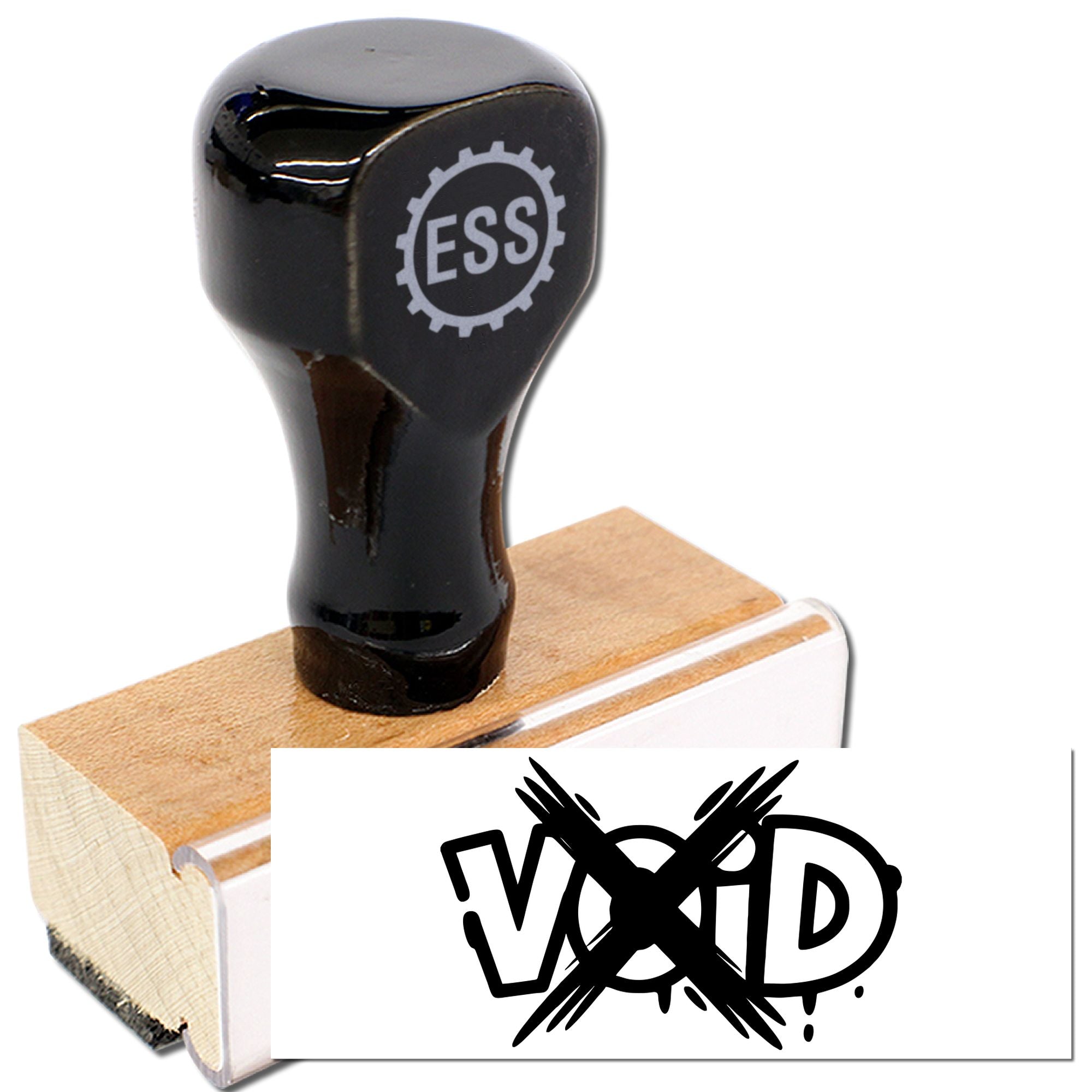 Black ESS rubber stamp on wooden block, with a bold VOID seal impression sample on white card