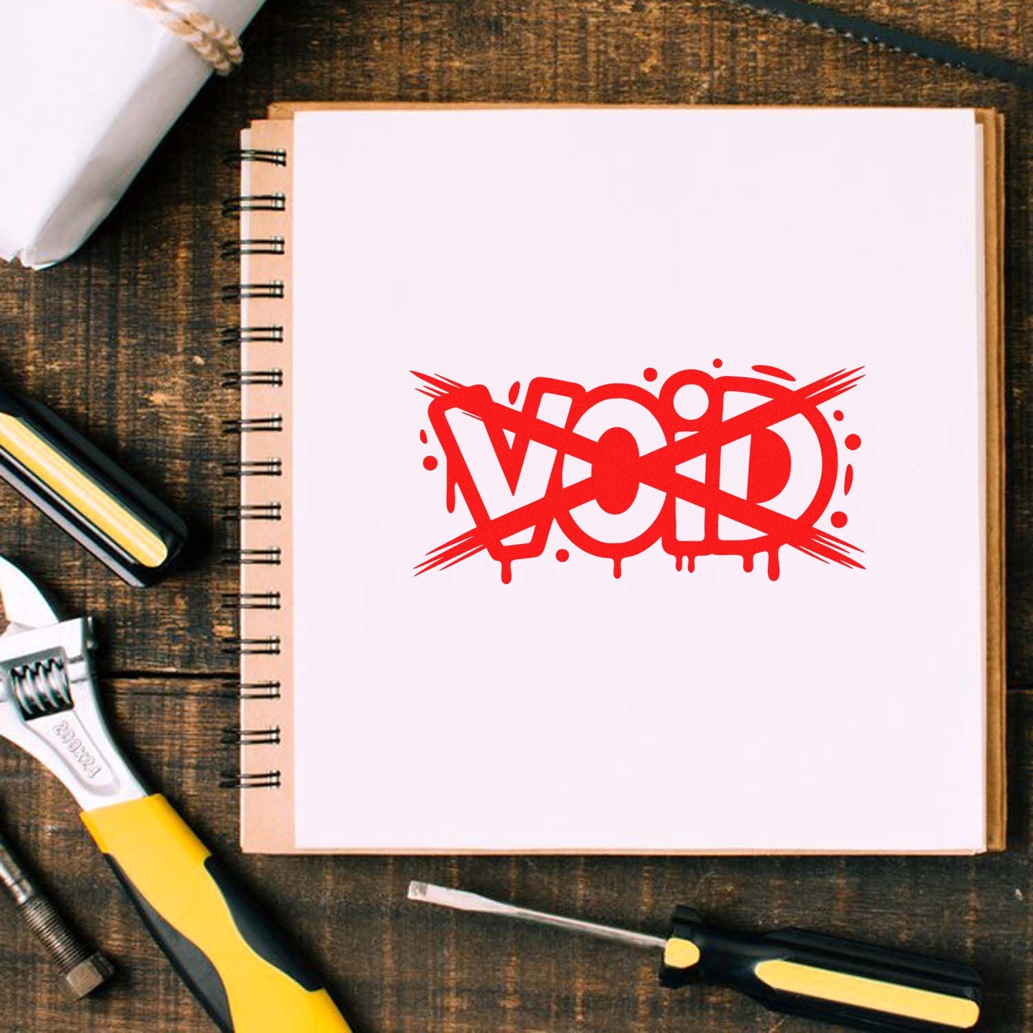 Red VOID stamp seal on a white spiral notebook, with stamp tools on a rustic wooden table.