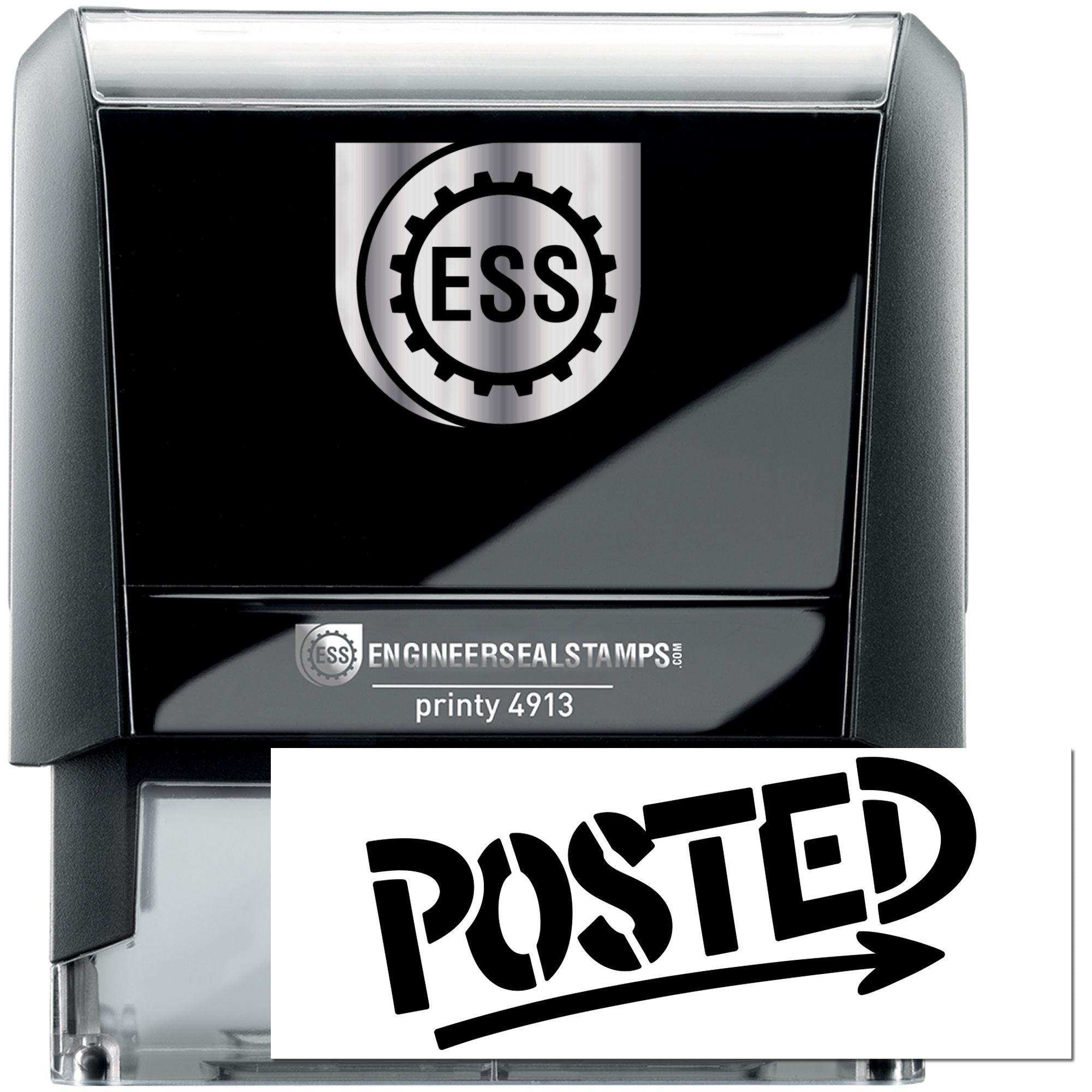 Black self-inking seal stamp with silver ESS logo and bold POSTED imprint, black and gray design.