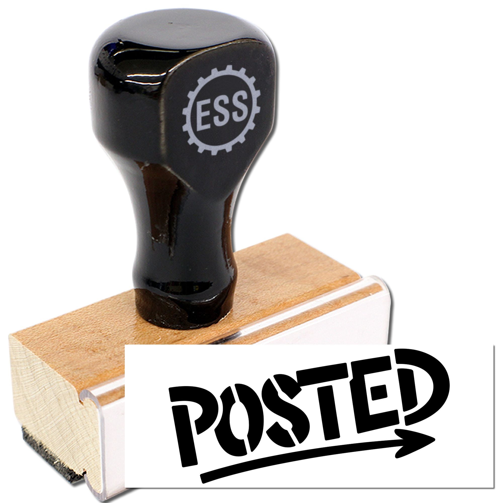 Black ESS rubber stamp on wooden base with posted seal imprint, showing a custom stamp and seal product.