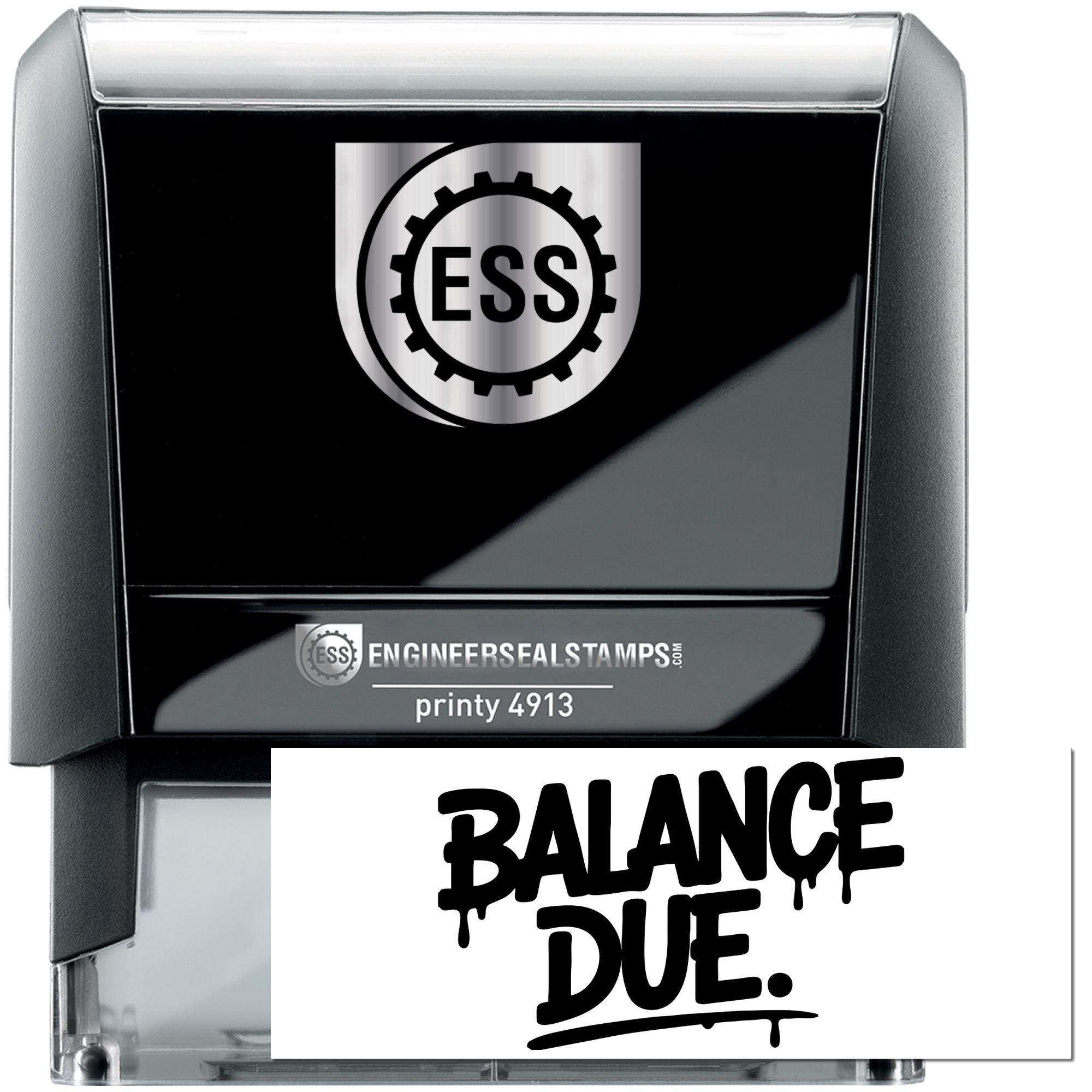 Black self-inking ESS stamp and seal with silver accents, showing bold Balance Due imprint.