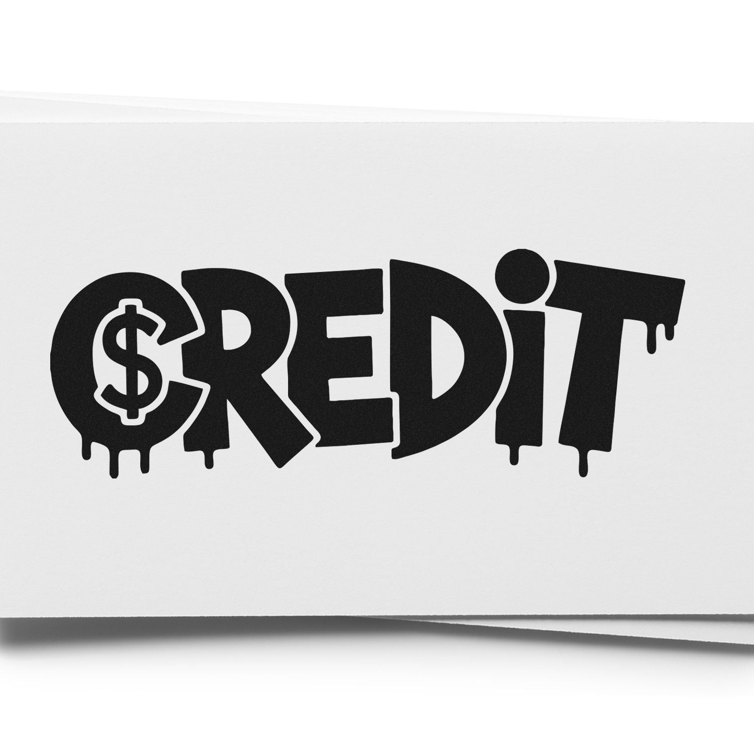 Black dripping CREDIT stamp seal with dollar sign inside the C on white paper.