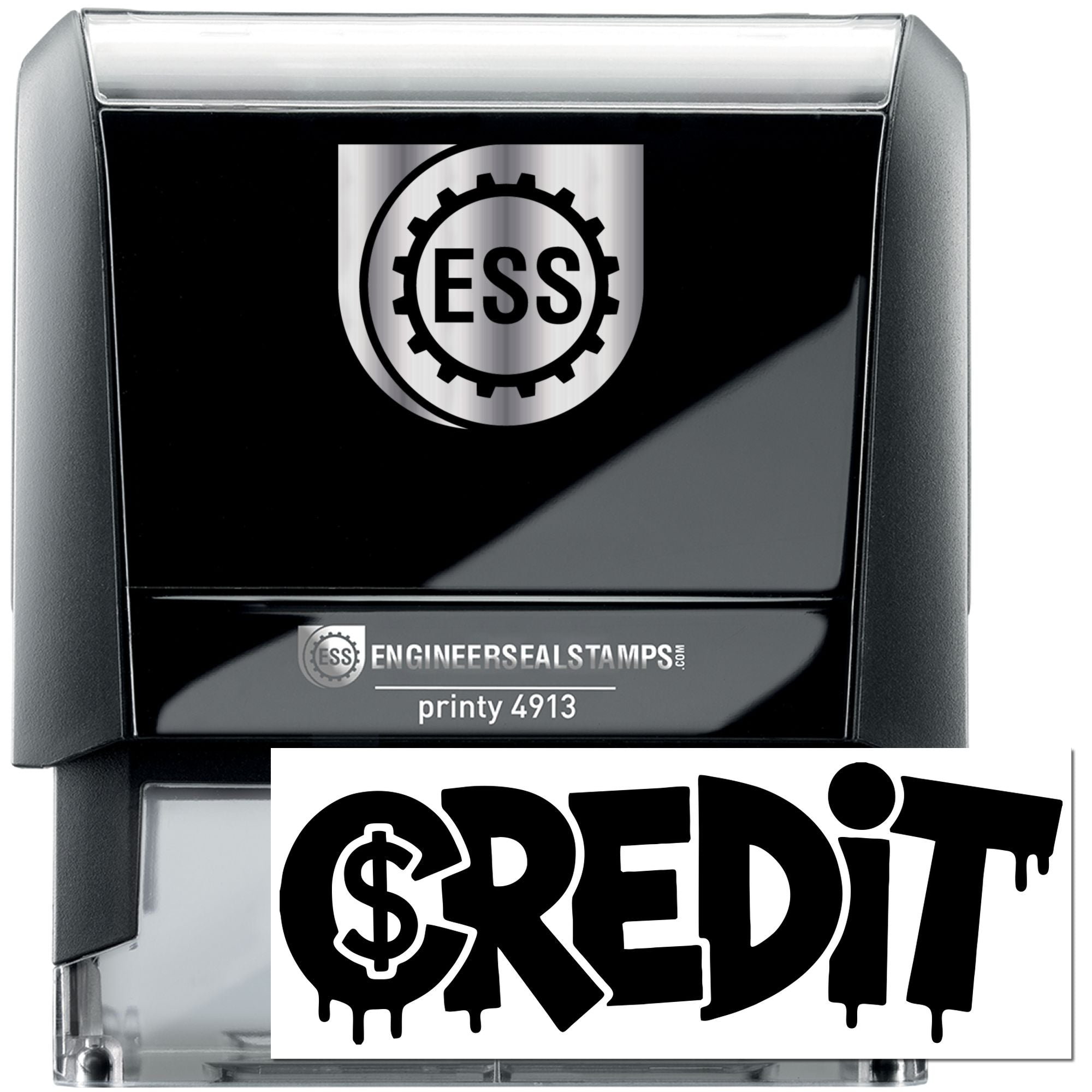 Black self-inking stamp with silver top, ESS gear logo, and white CREDIT seal design.