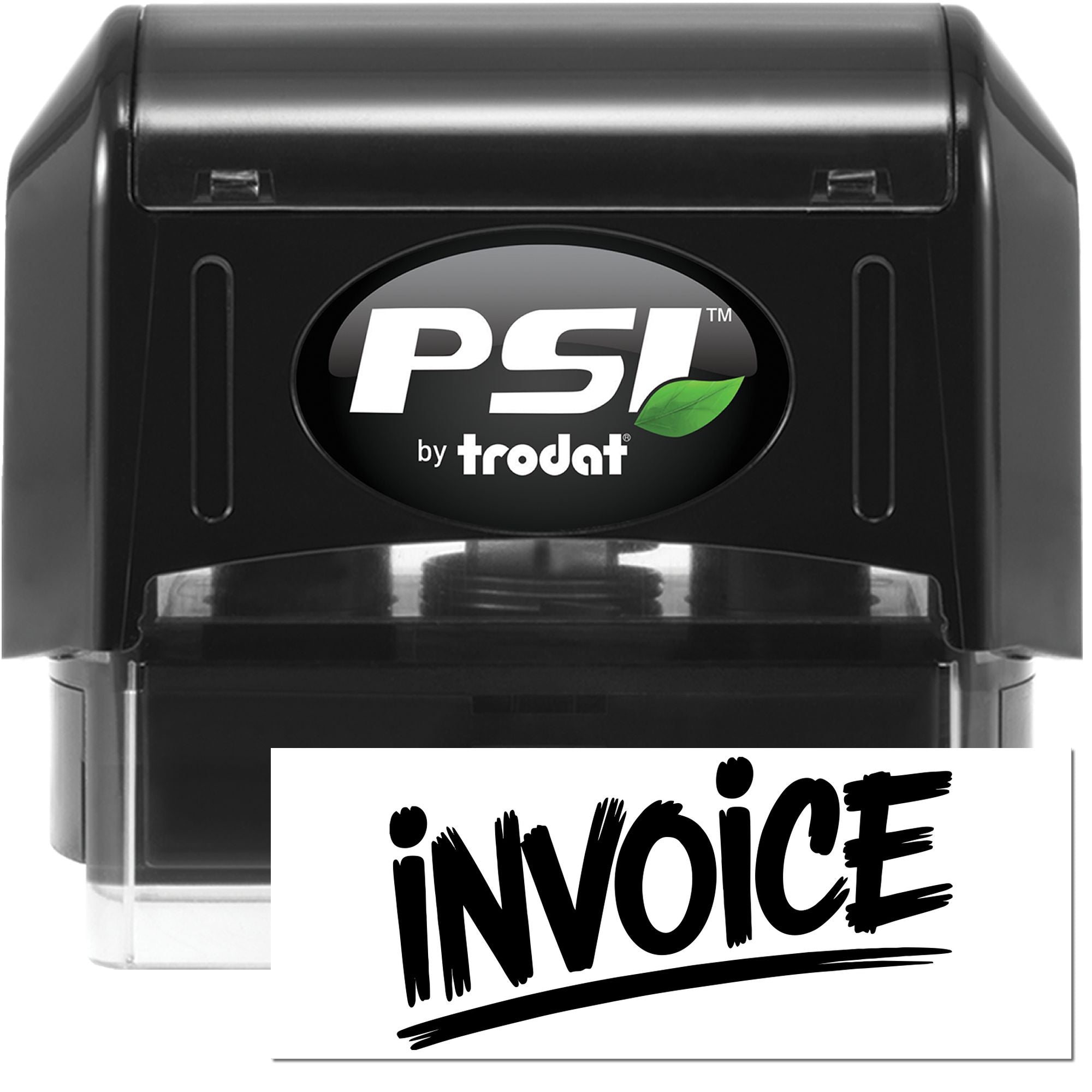 Black PSI by Trodat self-inking stamp with green leaf logo and white invoice seal card with bold black lettering.