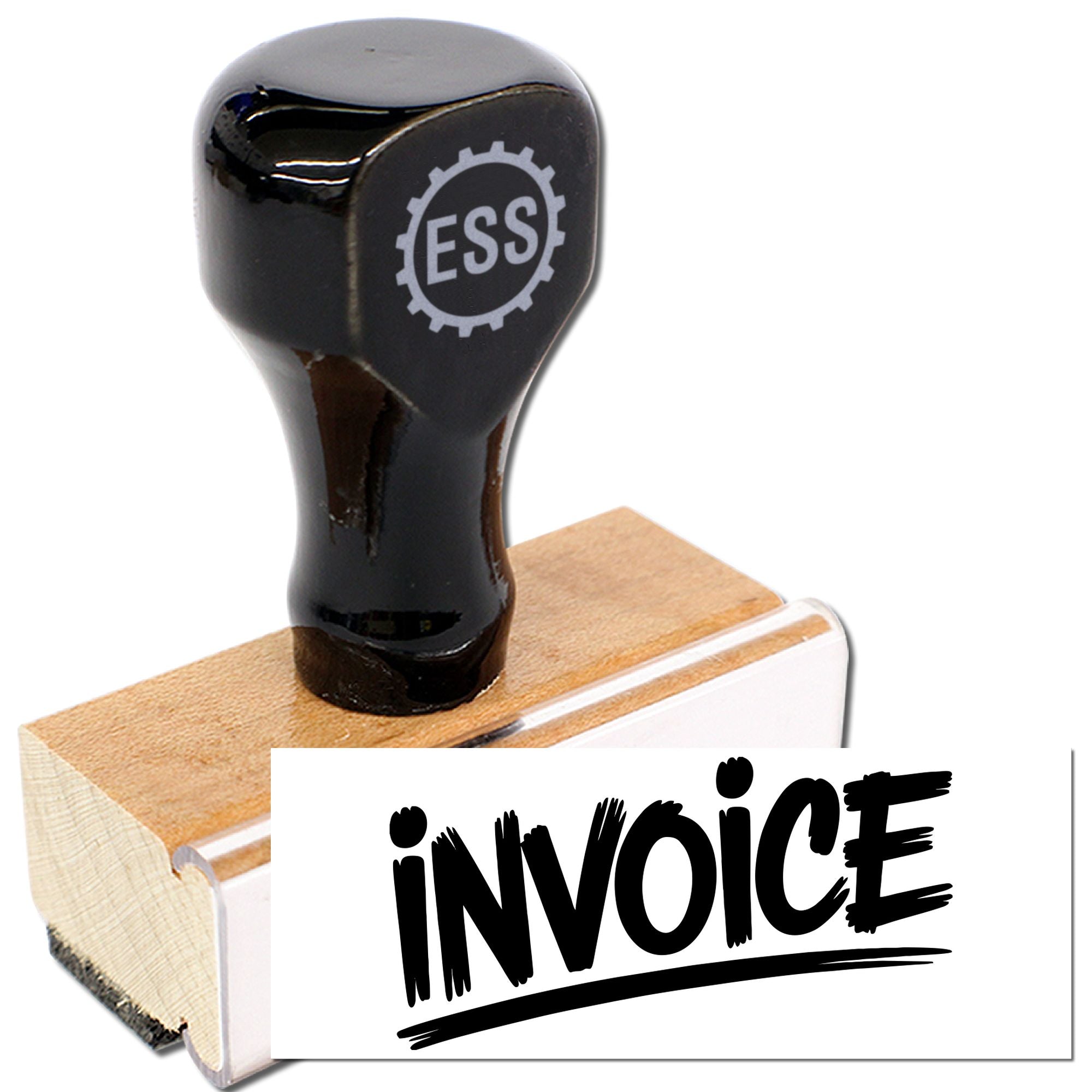 Black ESS stamp and seal set on a wooden block, stamping a white invoice badge