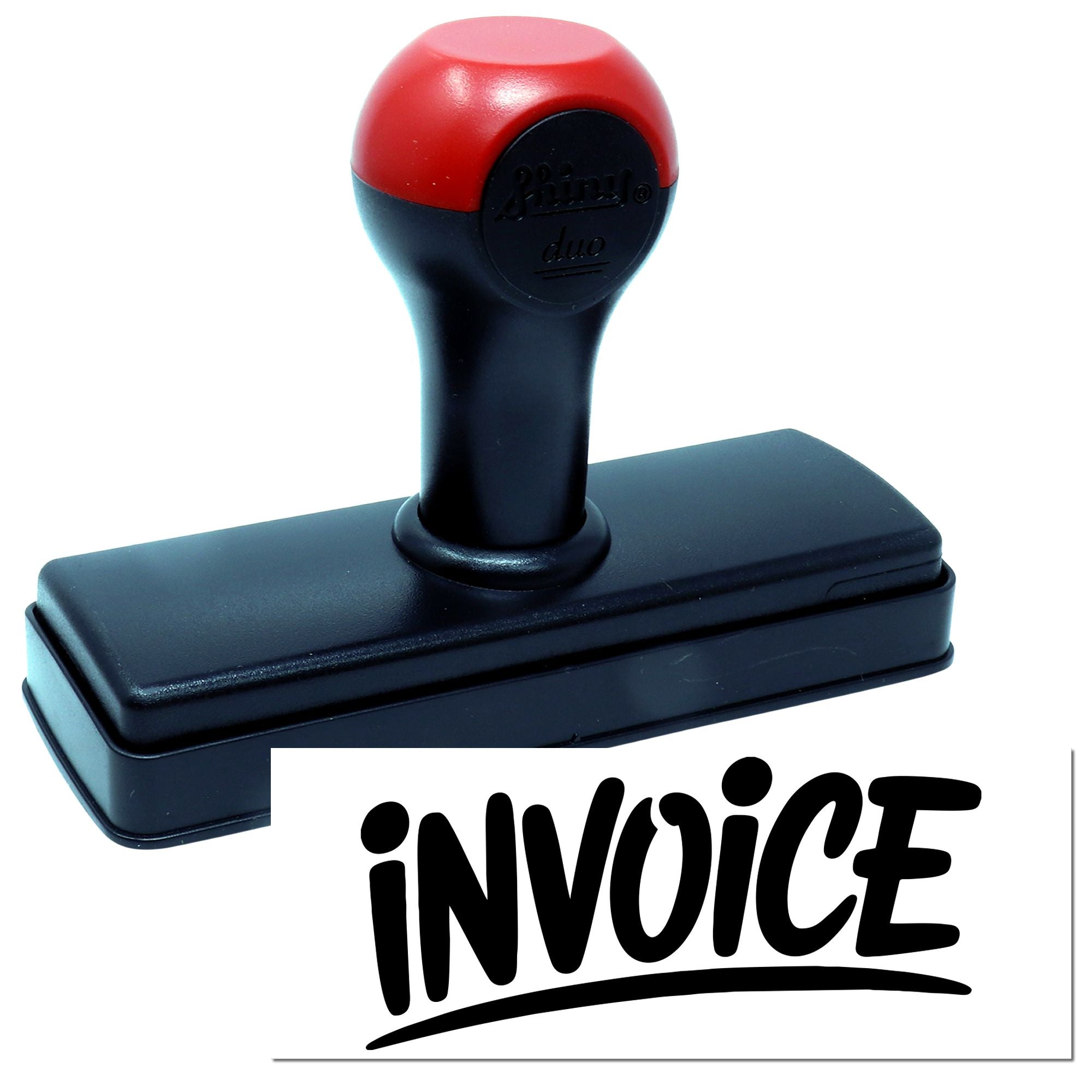 Black and red self-inking stamp with invoice seal, rectangular base, bold black imprint.