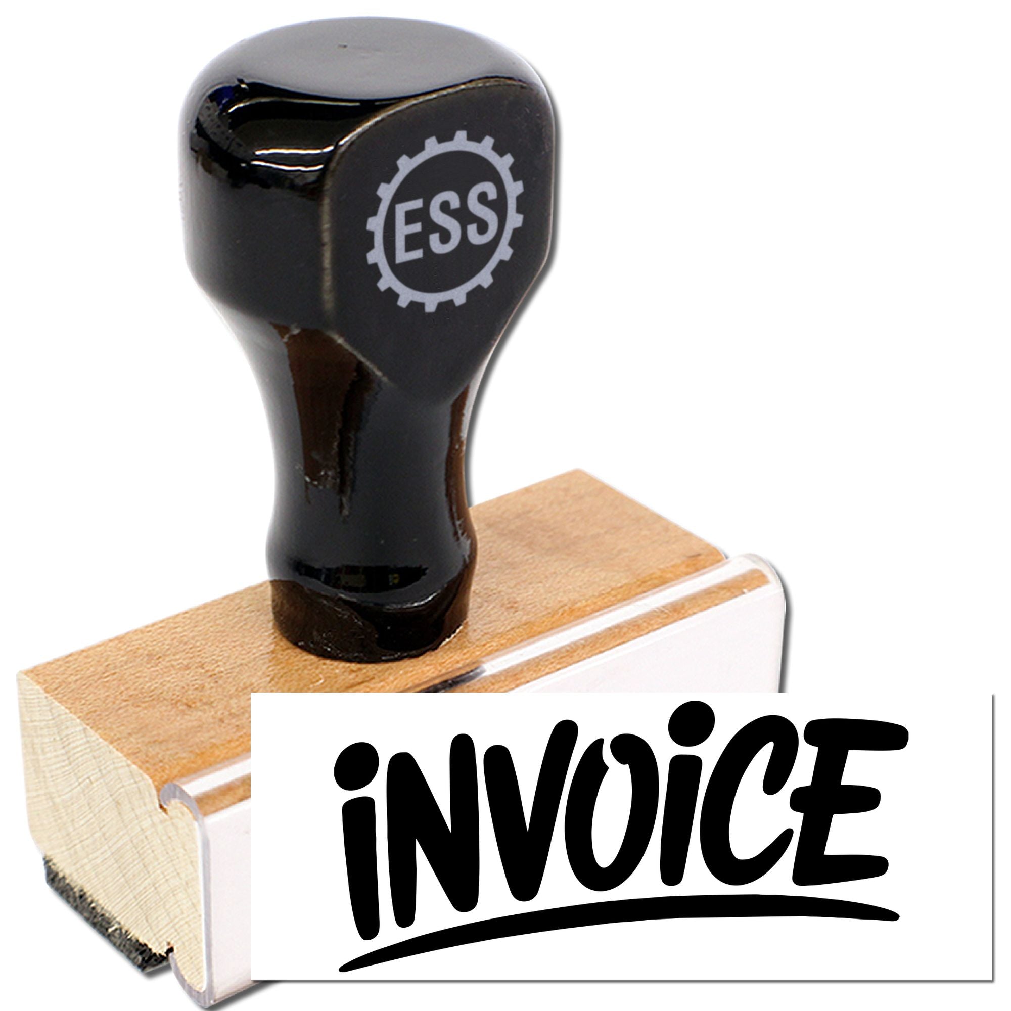 Black ESS rubber stamp and seal on wooden mount, printing INVOICE in bold black on white paper.