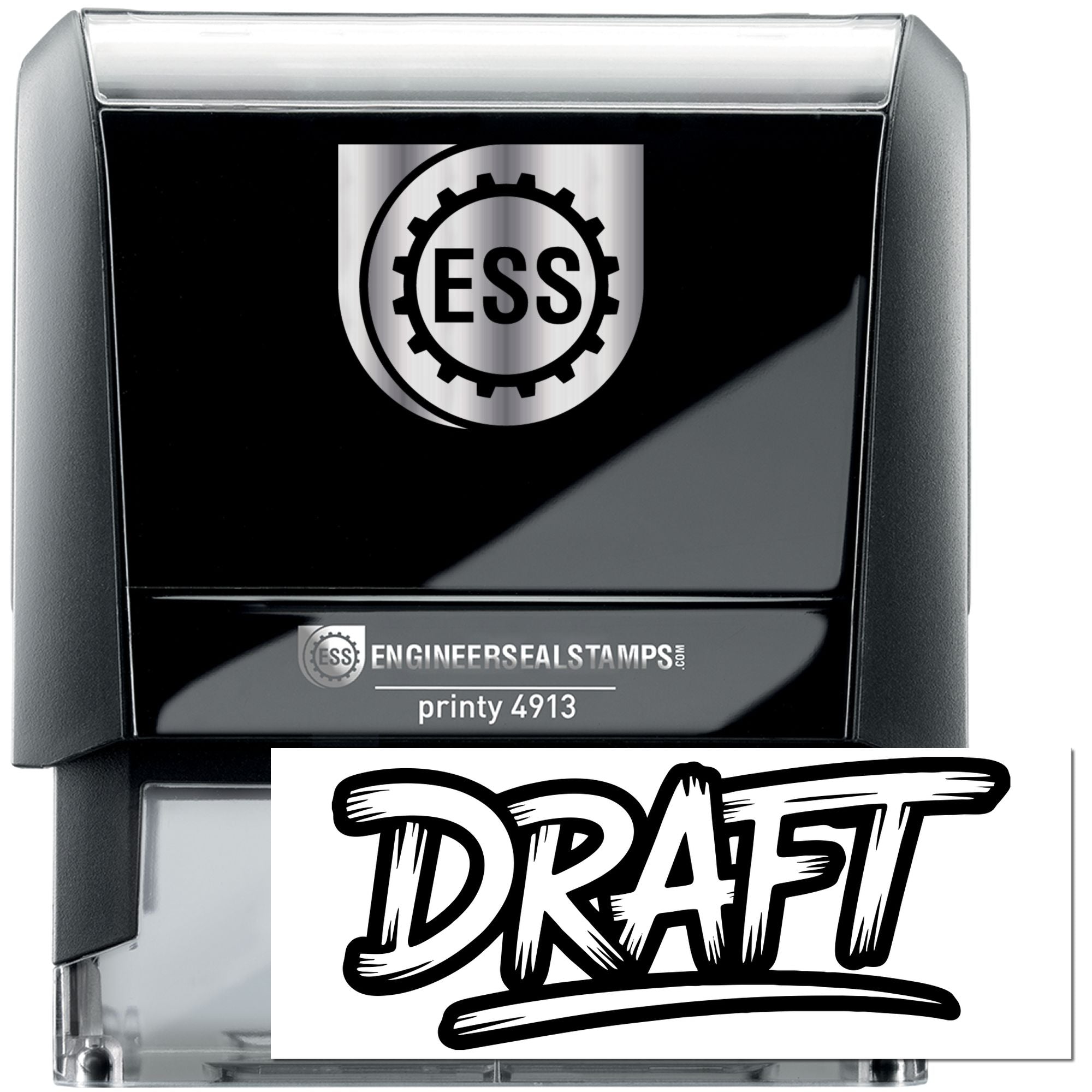 Black and silver self-inking engineer seal stamp with ESS logo and bold DRAFT imprint