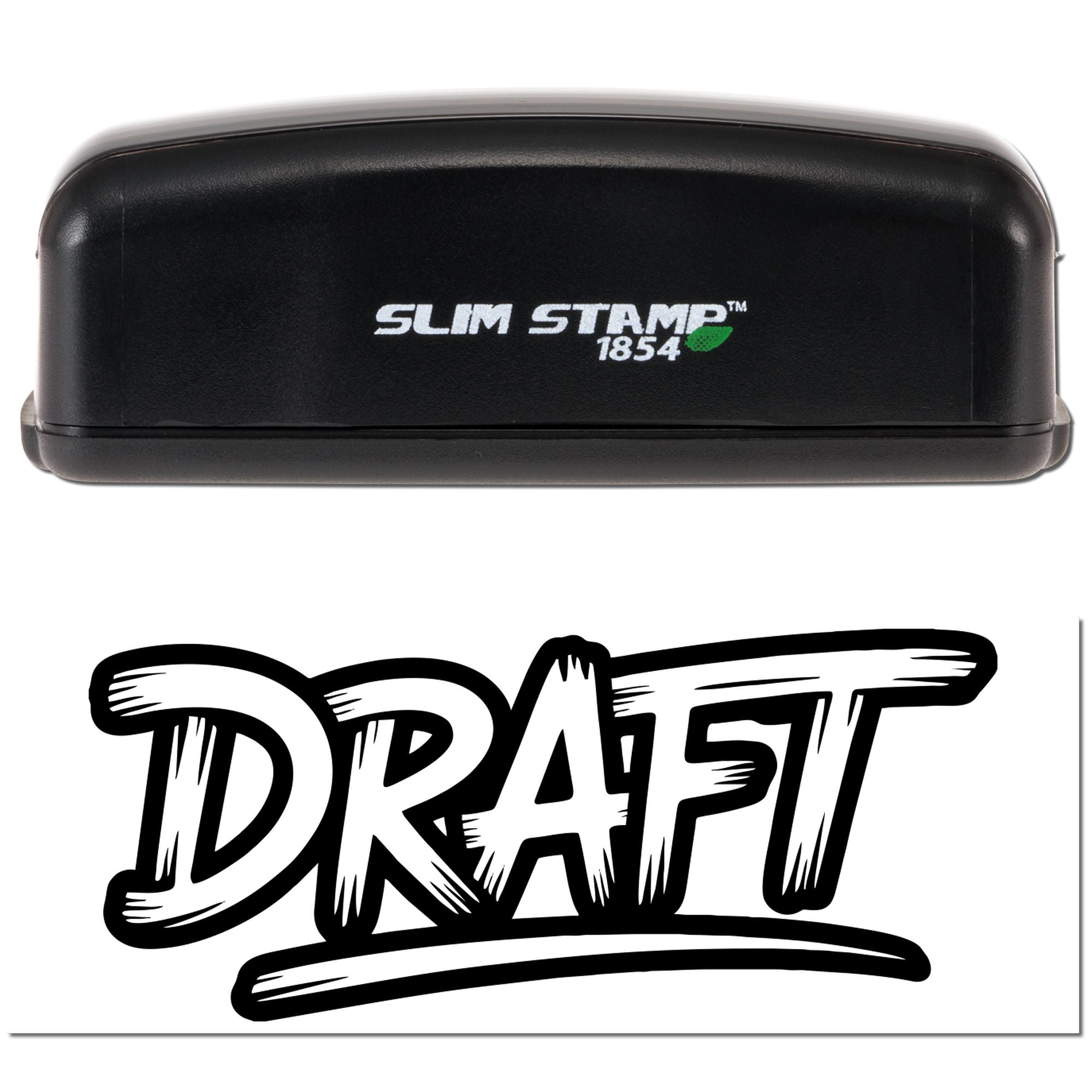 Black Slim Stamp 1854 self-inking stamp and seal with bold DRAFT imprint on white background