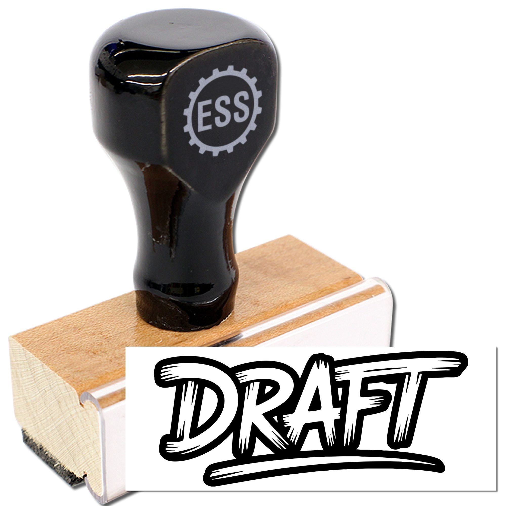 Black custom rubber stamp and seal with wooden base, printing bold DRAFT in black on a white face.
