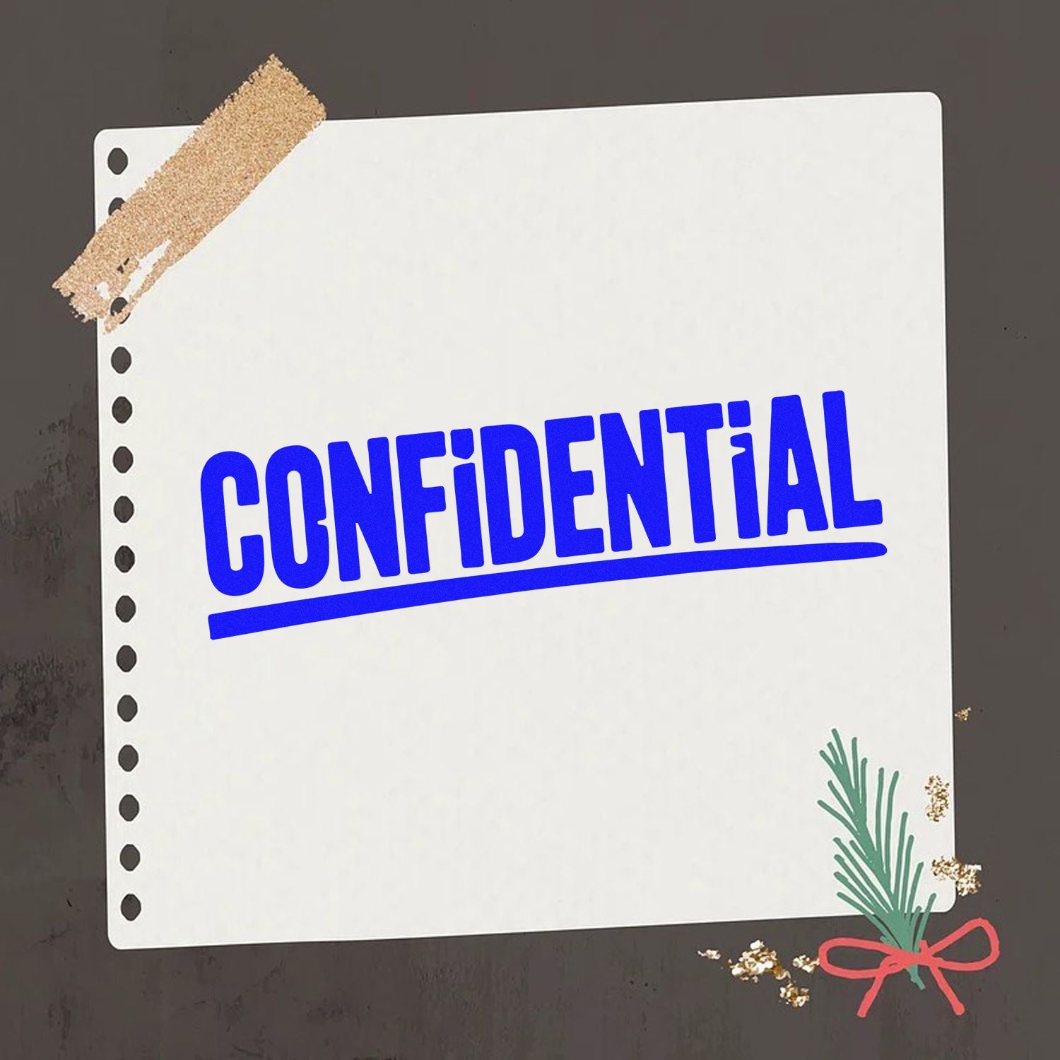 Blue CONFIDENTIAL stamp on white paper, with tan tape and green pine sprig seal accents on a dark background.