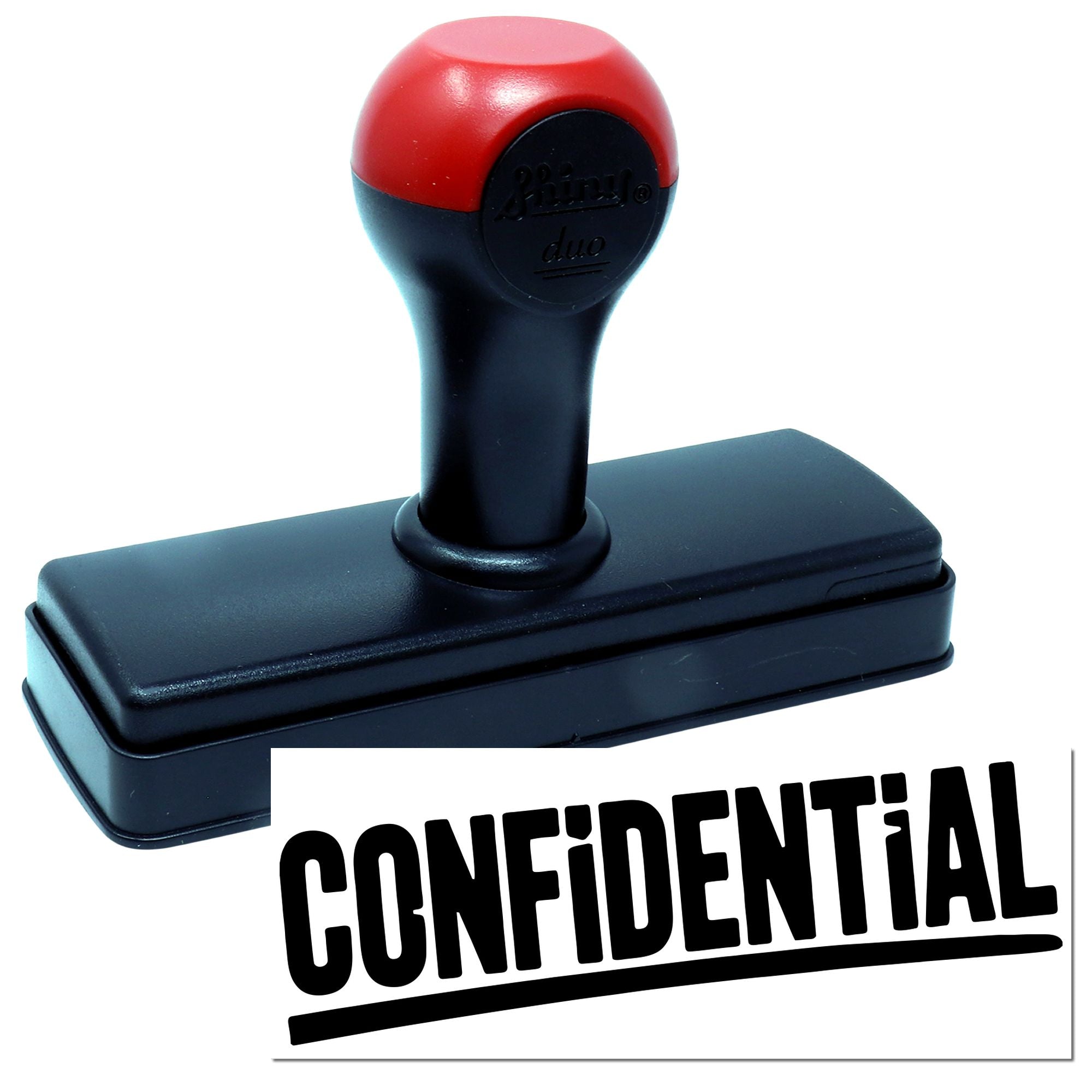 Red and black self-inking confidential stamp with rectangular base and bold CONFIDENTIAL seal imprint.
