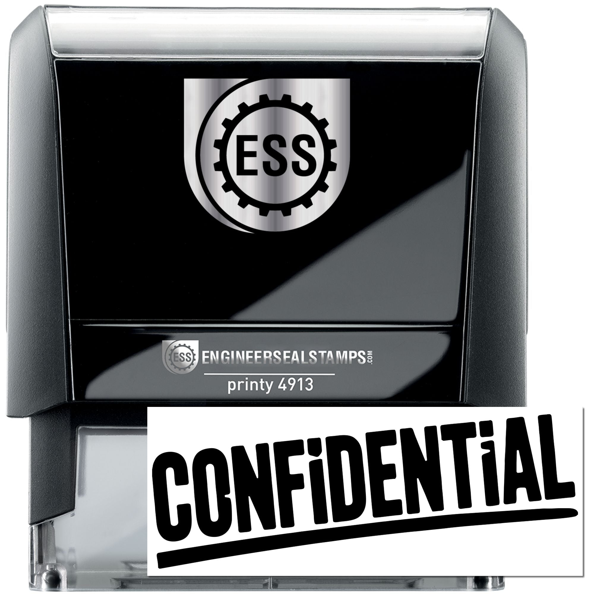 Black self-inking stamp and seal with ESS gear logo, gray case, and bold white CONFIDENTIAL imprint.